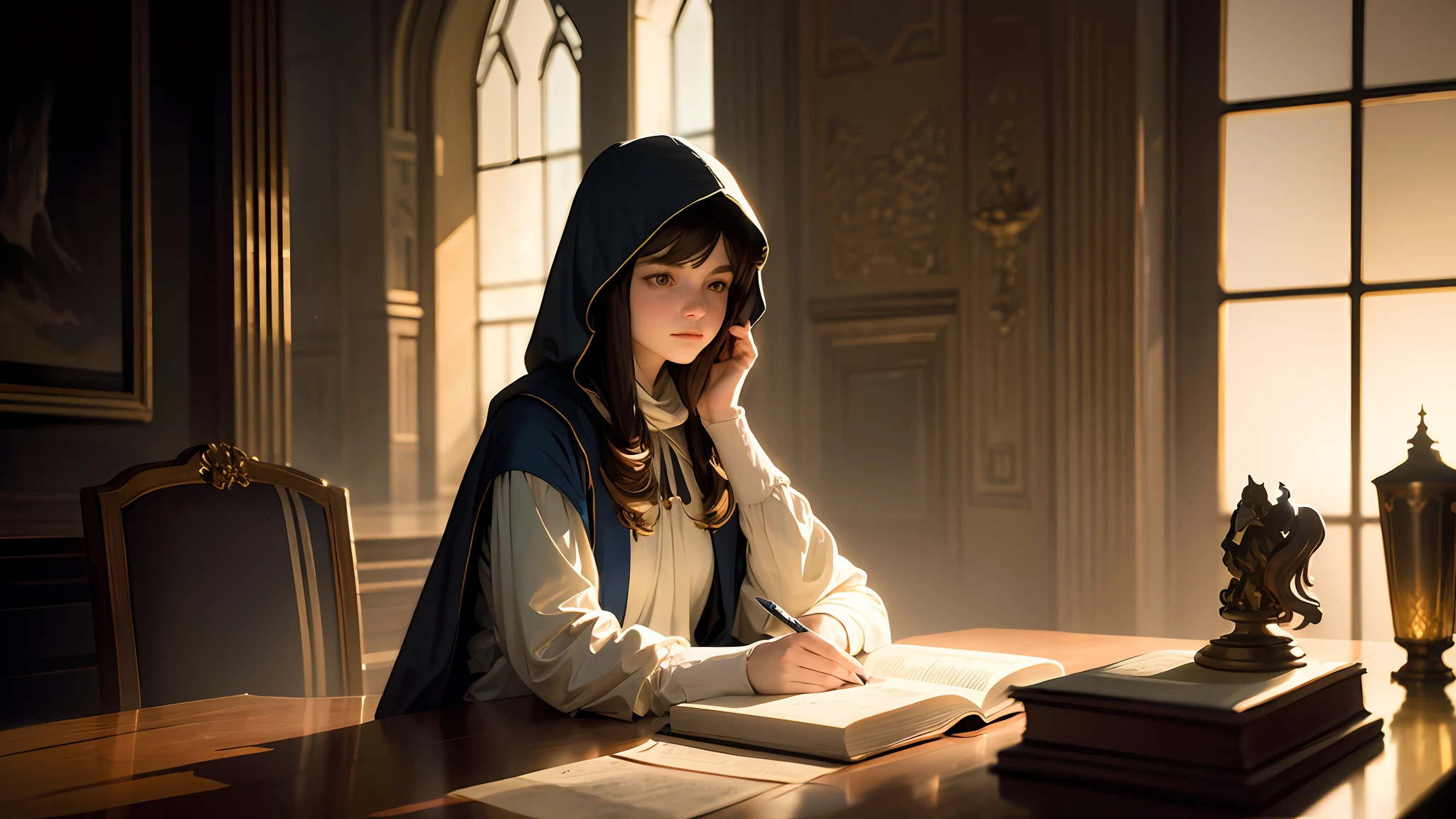 masterpiece, best quality, John Singer Sargent, young sorceress studying, hood up, moody lighting, tranquil, calm, glow, glowing, mystical, magical, rim lighting