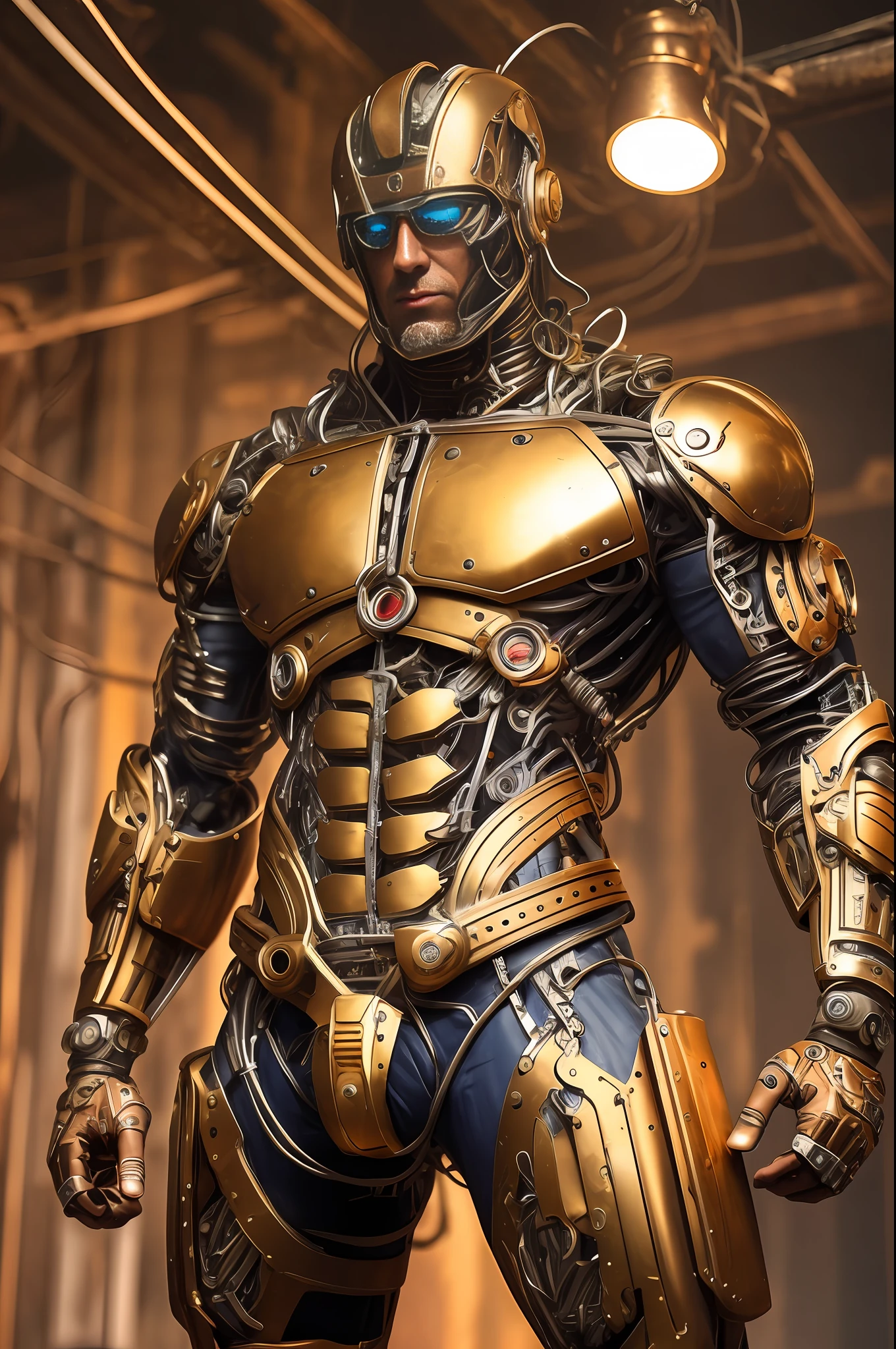 (Very attractive) muscular cyborg mature man with a (model face), chisled features, exposed wires, gold oil leaking from rusty wires, lights, extremely asthetically chiseled physique, old destress metal,  huge Crotch bulge, --auto --s2