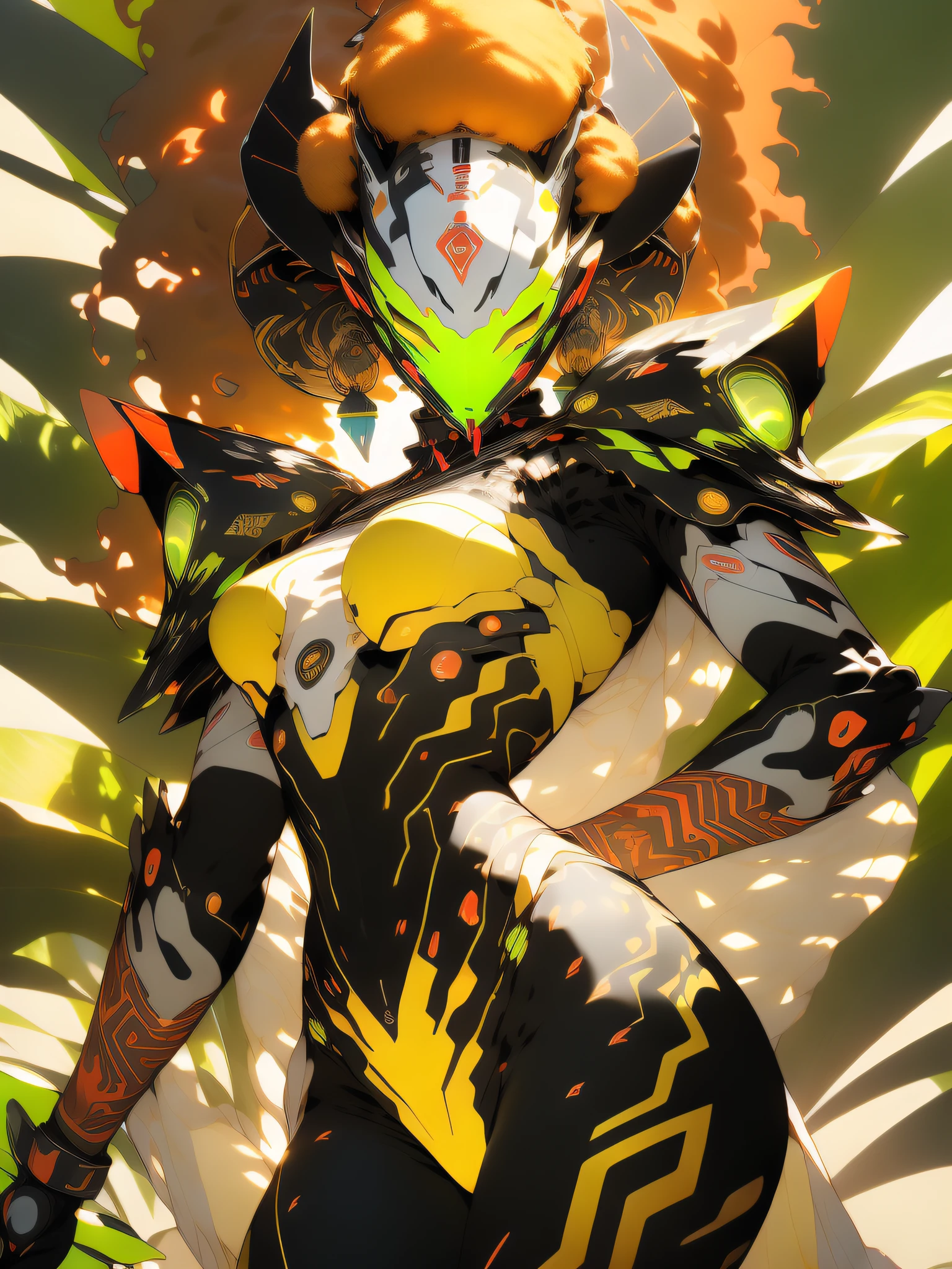 ((Best quality)), ((masterpiece)), (detailed: 1.4), (Absurd), angry African princess, (((technological mask))), (((action pose)), (((black tribal woman wearing African tribal clothing and animal skins from the savannahs))), (((thin waist and narrow hips))), ready for war, dark skinned, black woman from southeast Africa, slender and defined body and very thin, thighs out, mouth closed, breasts out, technological clothing style Hoyoverse, Honkai Impact, Geishin Impast, almost naked, holding a tribal shield, ((medium breasts)), (eyes with heavy makeup and very black without pupils), ((green, yellow and red clothing)), (((golden afro hair)), (tribal designs on the arms), (((tribal))), very long eyelashes, heavy eye makeup, lots of jewelry made with animal teeth, by mucha, niji --V5, close to real, psychopathic, crazy face, sexy pose, african savannah landscape background, 2 piece clothing, feather shoulder pads, pastel, centered, climb to fit dimensions, HDR (High Dynamic Range),Ray Tracing,NVIDIA RTX,Super-Resolution,Unreal 5,Subsurface dispersion, PBR texture, Post-processing, Anisotropic filtering, Depth of field, Maximum clarity and sharpness, Multilayer textures, Albedo and specular maps, Surface shading, Accurate simulation of light-material interaction, Perfect proportions, Octane Render, Two-tone lighting, Wide aperture, Low ISO, White balance, Rule of thirds, 8K RAW, crysisnanosuit