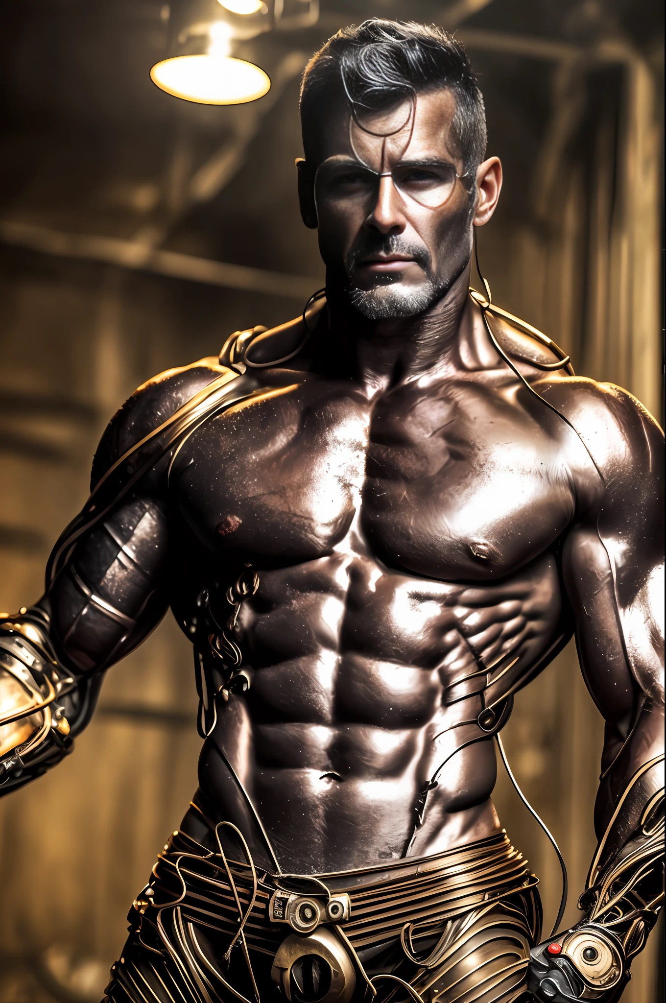 (Very attractive) muscular cyborg mature man with a (model face), chisled features, exposed wires, gold oil leaking from rusty wires, lights, extremely asthetically chiseled physique, old destress metal, huge Crotch bulge, --auto --s2