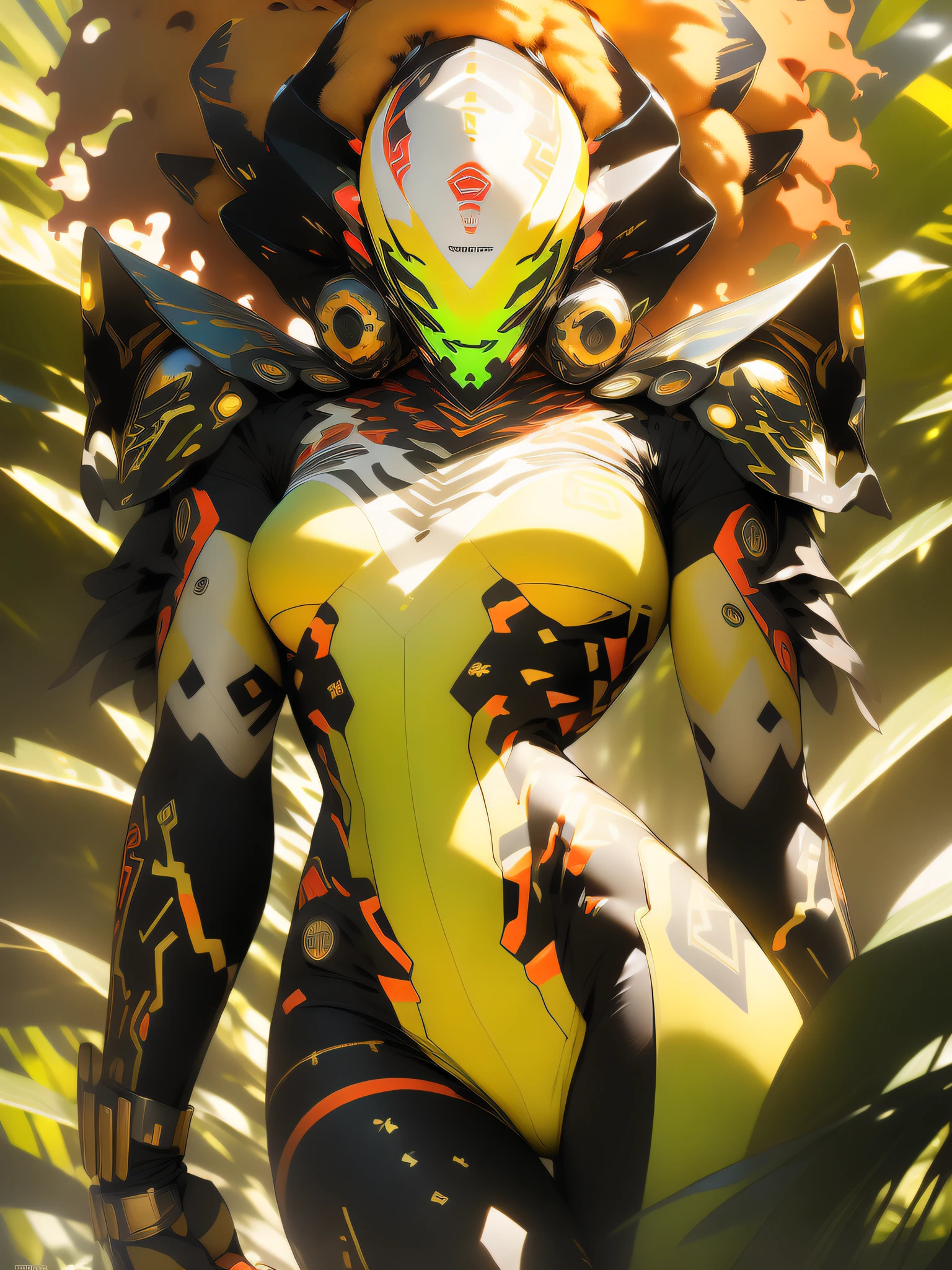 ((Best quality)), ((masterpiece)), (detailed: 1.4), (Absurd), angry African princess, (((technological mask))), (((action pose)), (((black tribal woman wearing African tribal clothing and animal skins from the savannahs))), (((thin waist and narrow hips))), ready for war, dark skinned, black woman from southeast Africa, slender and defined body and very thin, thighs out, mouth closed, breasts out, technological clothing style Hoyoverse, Honkai Impact, Geishin Impast, almost naked, holding a tribal shield, ((medium breasts)), (eyes with heavy makeup and very black without pupils), ((green, yellow and red clothing)), (((golden afro hair)), (tribal designs on the arms), (((tribal))), very long eyelashes, heavy eye makeup, lots of jewelry made with animal teeth, by mucha, niji --V5, close to real, psychopathic, crazy face, sexy pose, african savannah landscape background, 2 piece clothing, feather shoulder pads, pastel, centered, climb to fit dimensions, HDR (High Dynamic Range),Ray Tracing,NVIDIA RTX,Super-Resolution,Unreal 5,Subsurface dispersion, PBR texture, Post-processing, Anisotropic filtering, Depth of field, Maximum clarity and sharpness, Multilayer textures, Albedo and specular maps, Surface shading, Accurate simulation of light-material interaction, Perfect proportions, Octane Render, Two-tone lighting, Wide aperture, Low ISO, White balance, Rule of thirds, 8K RAW, crysisnanosuit