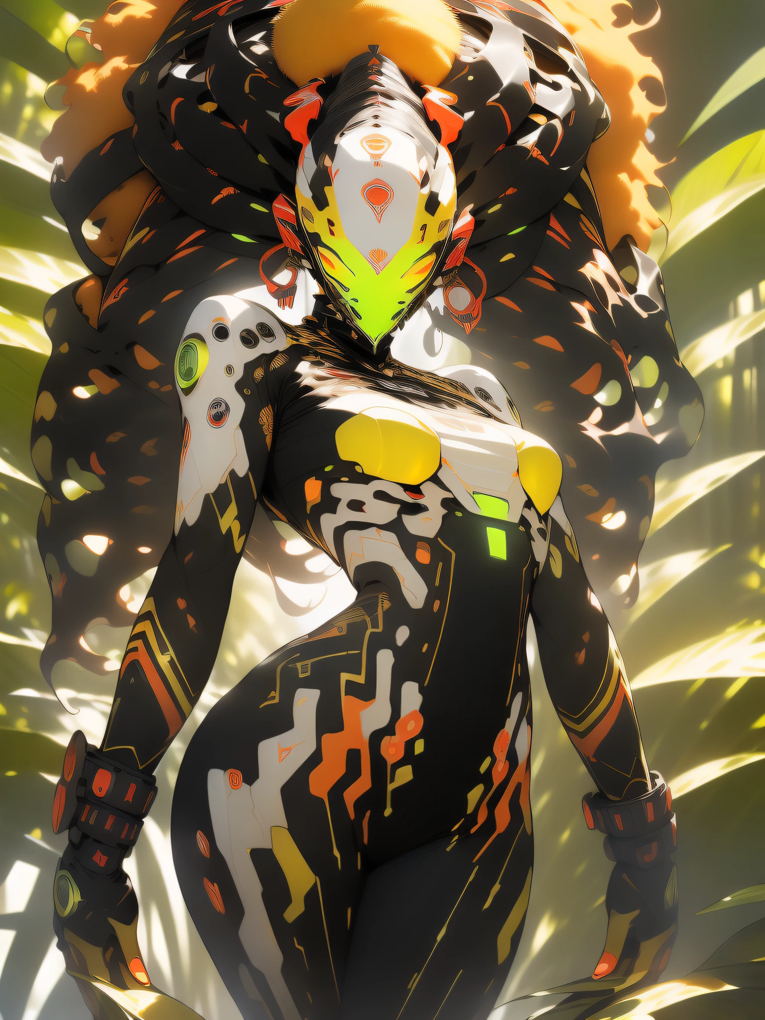 ((Best quality)), ((masterpiece)), (detailed: 1.4), (Absurd), angry African princess, (((technological mask))), (((action pose)), (((black tribal woman wearing African tribal clothing and animal skins from the savannahs))), (((thin waist and narrow hips))), ready for war, dark skinned, black woman from southeast Africa, slender and defined body and very thin, thighs out, mouth closed,  breasts out, technological clothing style Hoyoverse, Honkai Impact, Geishin Impast, almost naked, holding a tribal shield, ((medium breasts)), (eyes with heavy makeup and very black without pupils), ((green, yellow and red clothing)), (((golden afro hair)), (tribal designs on the arms), (((tribal))), very long eyelashes, heavy eye makeup, lots of jewelry made with animal teeth, by mucha,  niji --V5, close to real, psychopathic, crazy face, sexy pose, african savannah landscape background, 2 piece clothing, feather shoulder pads, pastel, centered, climb to fit dimensions, HDR (High Dynamic Range),Ray Tracing,NVIDIA RTX,Super-Resolution,Unreal 5,Subsurface dispersion, PBR texture, Post-processing, Anisotropic filtering, Depth of field, Maximum clarity and sharpness, Multilayer textures,  Albedo and specular maps, Surface shading, Accurate simulation of light-material interaction, Perfect proportions, Octane Render, Two-tone lighting, Wide aperture, Low ISO, White balance, Rule of thirds, 8K RAW, crysisnanosuit