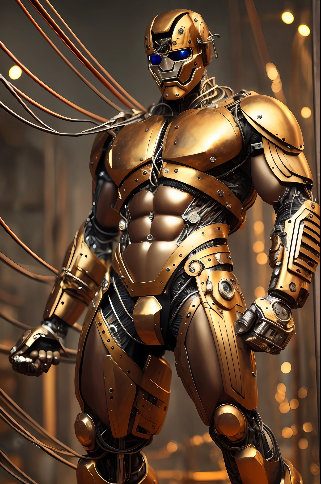 (Very attractive) muscular cyborg mature man with a (model face), chisled features, exposed wires, gold oil leaking from rusty wires, lights, extremely asthetically chiseled physique, old destress metal, huge Crotch bulge, --auto --s2