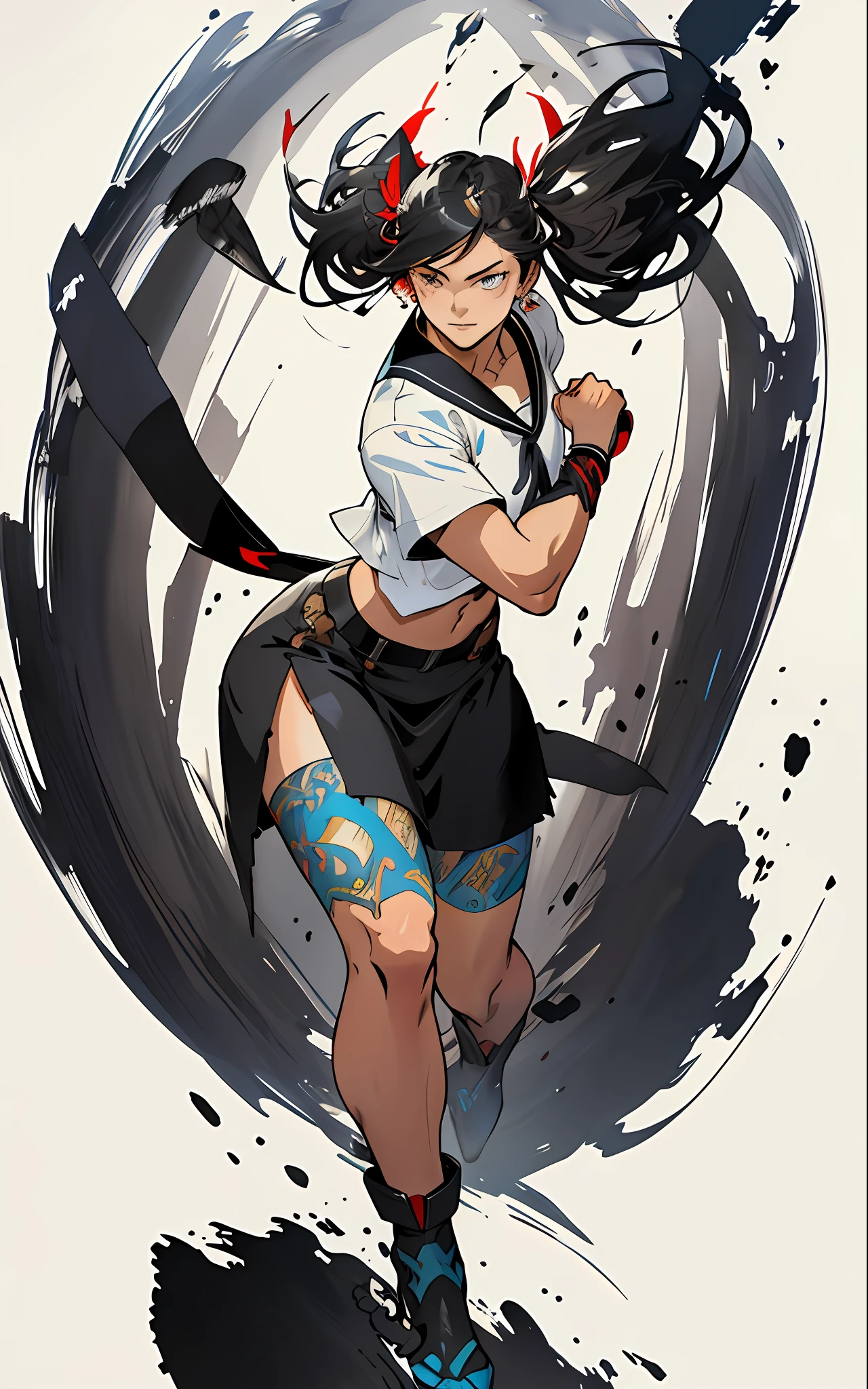 ::Kennedy and Daniel Sampere::2.0 Anime Gacha illustration style, tatoon style, comic book style, , beautiful woman with ultra detailed long hair and in various full-body attack poses, (beautiful and clear background: 1.2),, fantastic paintings, graffiti style, flowers, highly detailed eyes, a t-shirt or dress with a white blouse underneath, with both fists in fighting position,  and bracelets, fighting an enemy, with long black hair, stained glass color, outside, vibrant, alphonse mucha style, fantastic paintings by Joe Madureira, high quality, art, ashley graham Beautiful woman with long red hair, freedom, soul, digital illustration, comic style, perfect anatomy, centered, approaching perfection, dynamic, highly detailed, watercolor painting, artstation, concept art, smooth, s (masterpiece,  extremely_detailed_CG, 8k_wallpaper:1.2), black serafuku, dark-skinned female, white hair, sailor's collar, midriff, abs, _A_and_B, has blonde twintails and blue eyes, {masterpiece}, {extremely detailed}, Bgirl has short black hair and red eyes