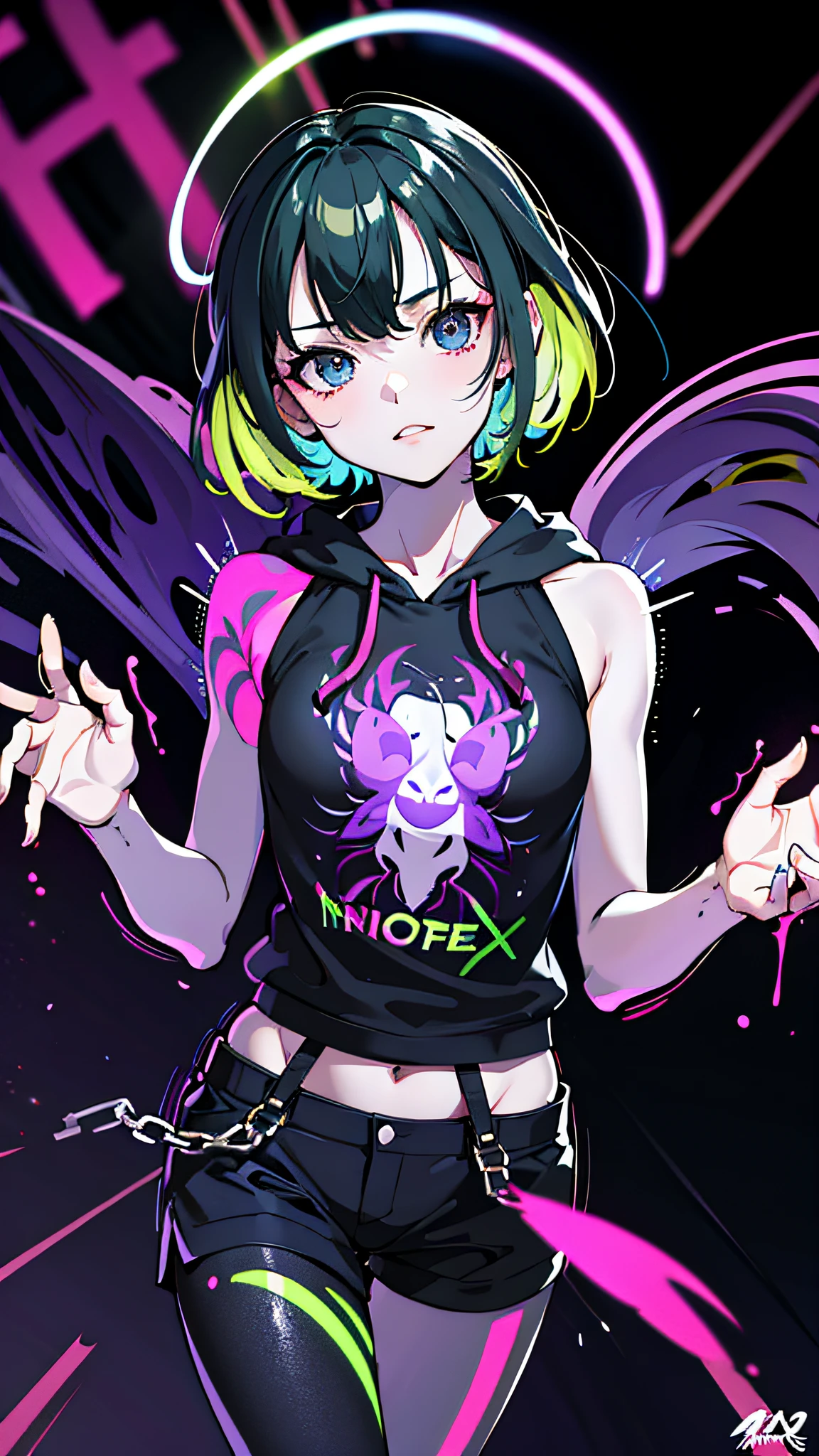 (masterpiece, best quality:1.2), realistic, 50mm portrait, absurd, bloom, glow, high contrast, depth of field, dynamic lighting, night, darkness, neon, 1girl, solo, cute, slender, small breasts, delicate facial features, Hip-Hop, green hair, purple hoodie, short pants, splash paint, graffiti on the wall, blacklight