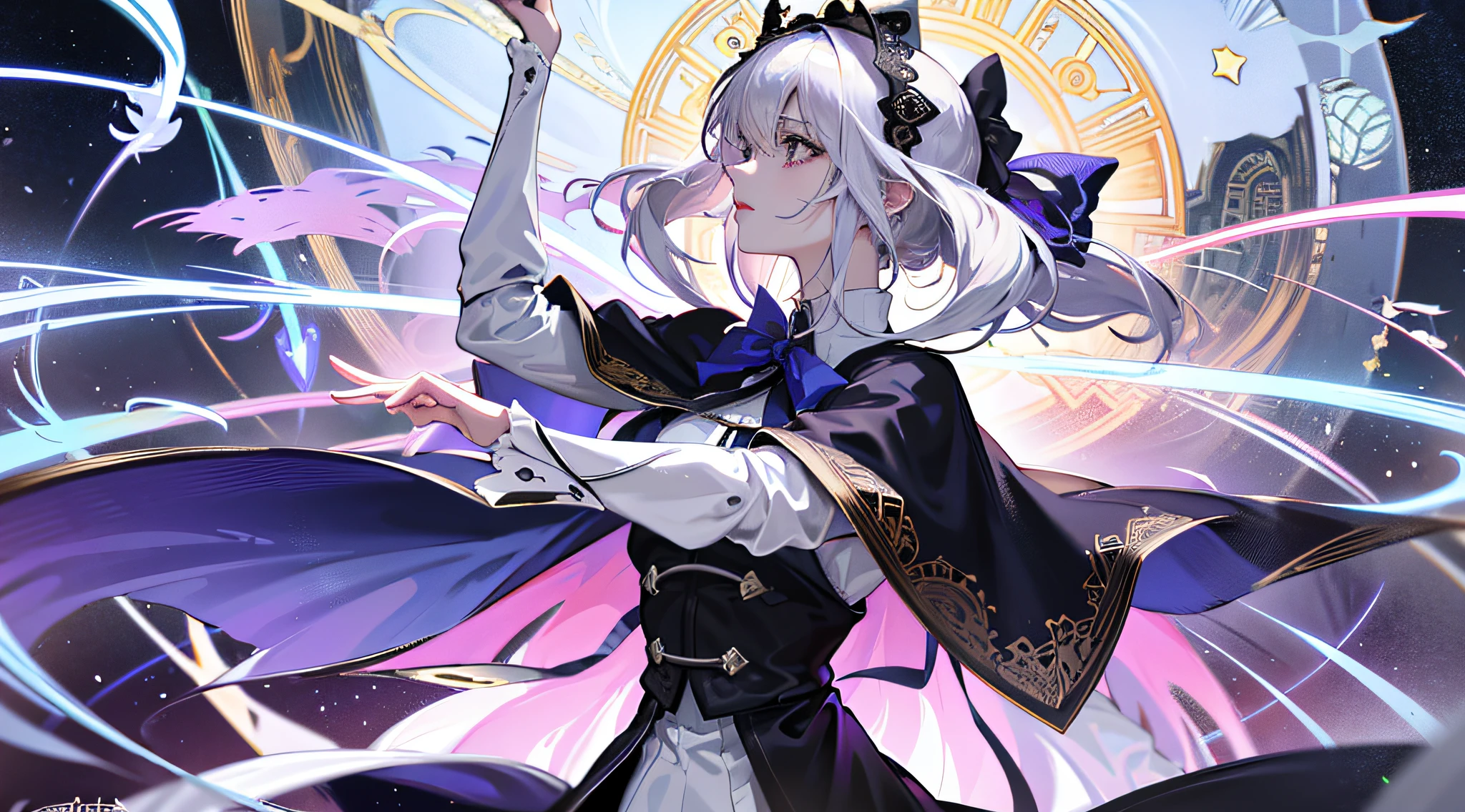 Tone High Definition, Top Quality, (Solo Focus), Anime Girl in Uniform, (Pale Skin), Victorian, Baroque, Gothic Lolita, Lace, Elegant, Pudica Pose Gestures, Visual Novel Sprite, Indigo Hood and Cloak on Armor Shoulders, Cold Expression, Smooth Anime CG Art, Combat Pose, Abstract Art, by Alphonse Mucha (Masterpiece, Top Quality, High resolution: 1.4), Suprematism, Maximalism art style, movie lighting