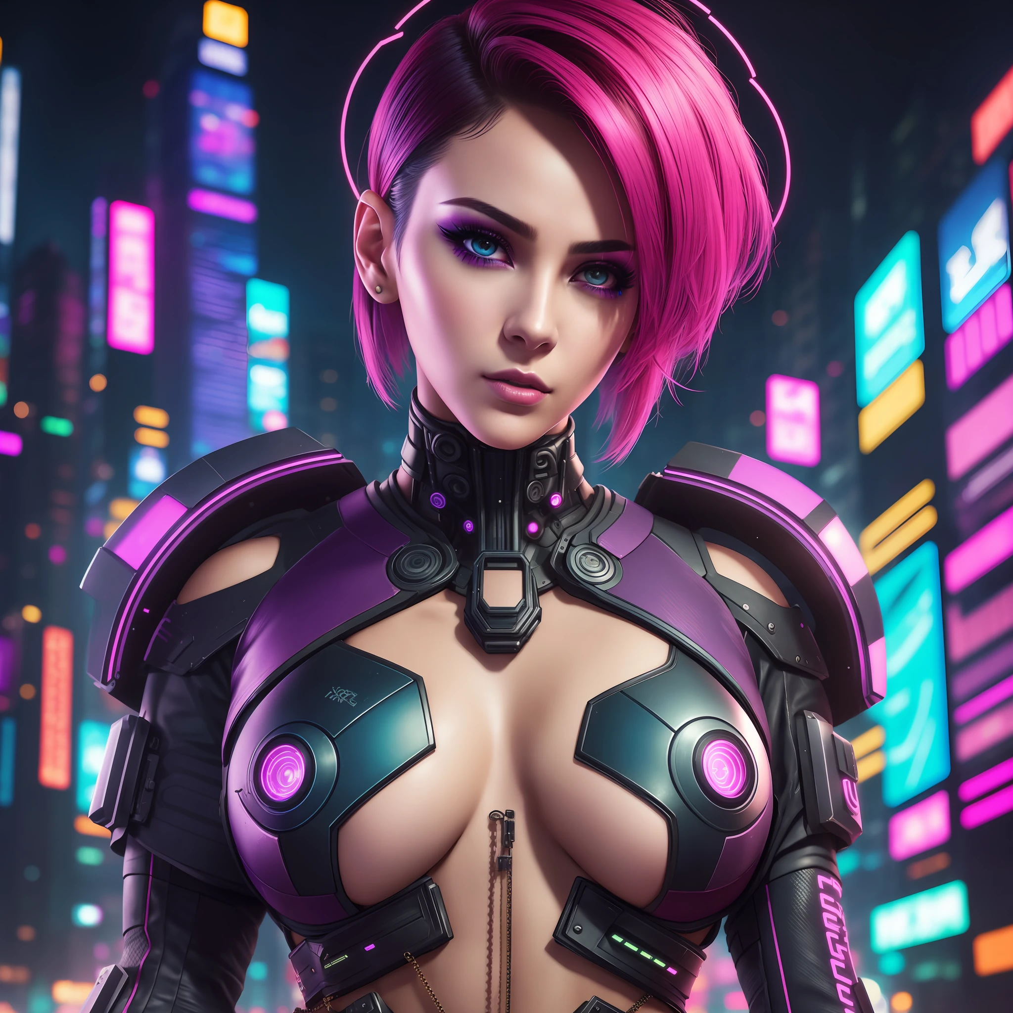 A cyberpunk city background for a Photograph of a woman with natural skin, short hair, sharp eyes, a thin and upturned nose, shapely lips, an hourglass body shape, typical clothes and makeup, intricately maximalist-detailed, vibrant, vivid, epic, smooth, cinematic, 4K, backlit, and a deep depth of field.