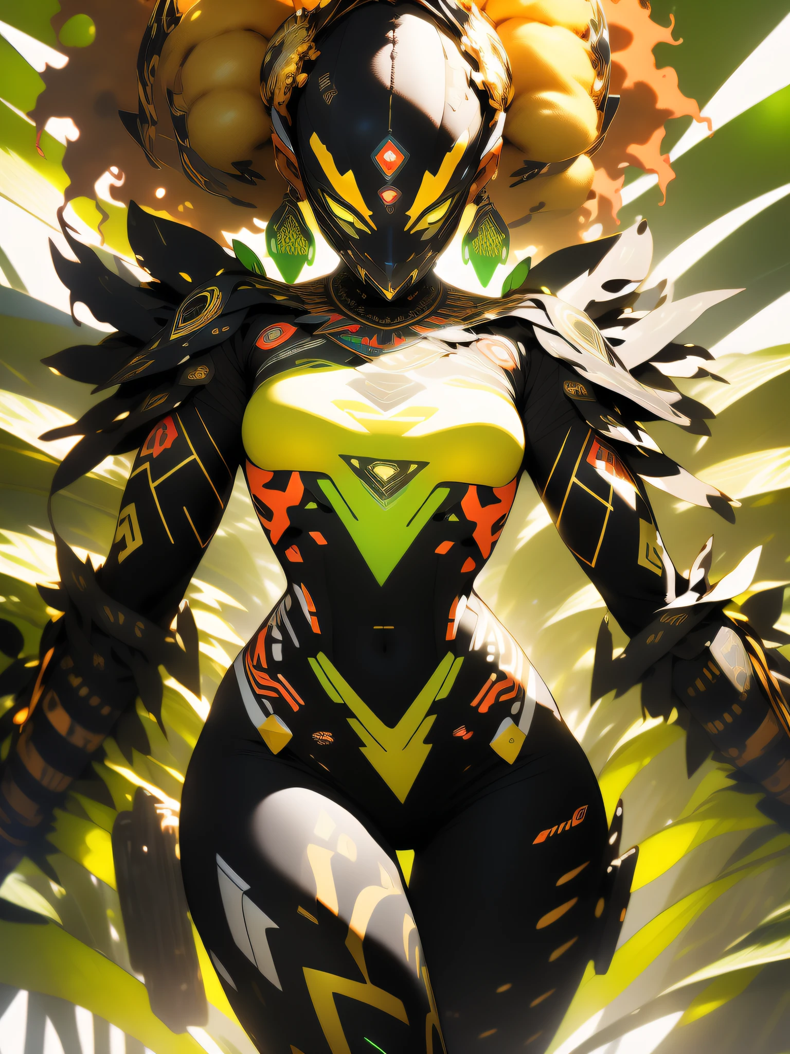 ((Best quality)), ((masterpiece)), (detailed: 1.4), (Absurd), angry African princess, (((technological black mask))), (((action pose)), (((black tribal woman wearing African tribal clothing and savannah animal skins)))), (((thin waist and narrow hips))), ready for war, dark skinned, black woman from southeast Africa, slender and defined body and very thin, thighs out, mouth closed,  breasts out, technological clothing style Hoyoverse, Honkai Impact, Geishin Impast, almost naked, holding a tribal shield, ((medium breasts)), (eyes with heavy makeup and very black without pupils), ((green, yellow and red clothing)), (((golden afro hair)), (tribal designs on the arms), (((tribal))), very long eyelashes, heavy eye makeup, lots of jewelry made with animal teeth, by mucha,  niji --V5, close to real, psychopathic, crazy face, sexy pose, african savannah landscape background, 2 piece clothing, feather shoulder pads, pastel, centered, climb to fit dimensions, HDR (High Dynamic Range),Ray Tracing,NVIDIA RTX,Super-Resolution,Unreal 5,Subsurface dispersion, PBR texture, Post-processing, Anisotropic filtering, Depth of field, Maximum clarity and sharpness, Multilayer textures,  Albedo and specular maps, Surface shading, Accurate simulation of light-material interaction, Perfect proportions, Octane Render, Two-tone lighting, Wide aperture, Low ISO, White balance, Rule of thirds, 8K RAW, crysisnanosuit