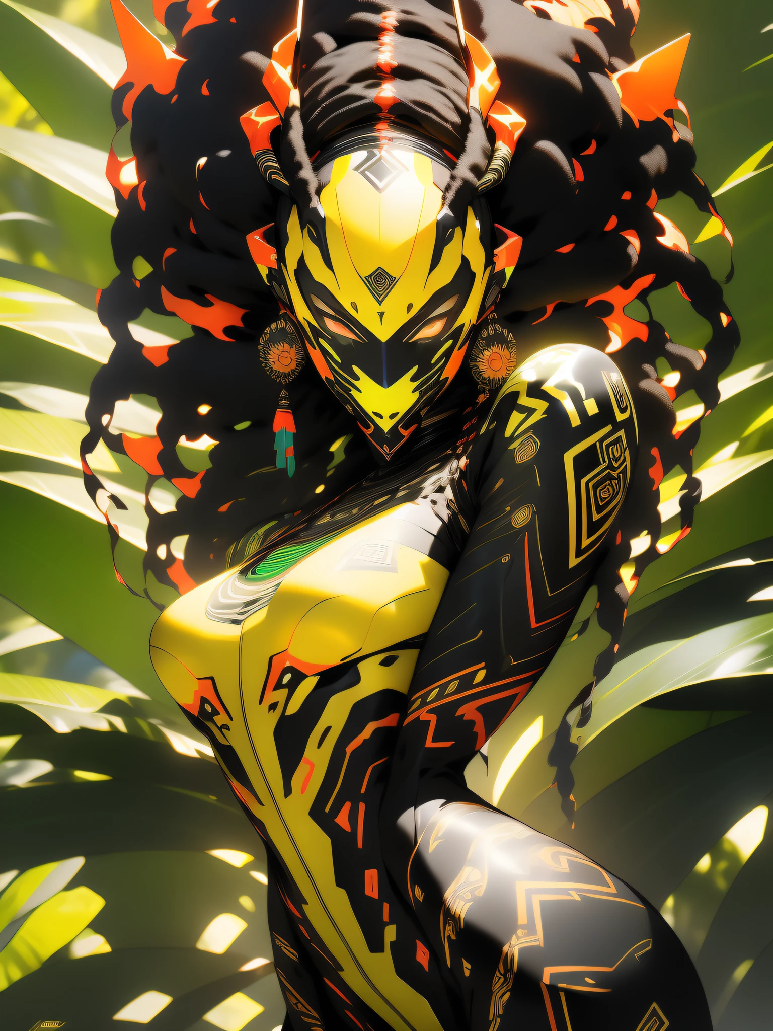 ((Best quality)), ((masterpiece)), (detailed: 1.4), (Absurd), angry African princess, (((technological black mask))), (((action pose)), (((black tribal woman wearing African tribal clothing and savannah animal skins)))), (((thin waist and narrow hips))), ready for war, dark skinned, black woman from southeast Africa, slender and defined body and very thin, thighs out, mouth closed,  breasts out, technological clothing style Hoyoverse, Honkai Impact, Geishin Impast, almost naked, holding a tribal shield, ((medium breasts)), (eyes with heavy makeup and very black without pupils), ((green, yellow and red clothing)), (((golden afro hair)), (tribal designs on the arms), (((tribal))), very long eyelashes, heavy eye makeup, lots of jewelry made with animal teeth, by mucha,  niji --V5, close to real, psychopathic, crazy face, sexy pose, african savannah landscape background, 2 piece clothing, feather shoulder pads, pastel, centered, climb to fit dimensions, HDR (High Dynamic Range),Ray Tracing,NVIDIA RTX,Super-Resolution,Unreal 5,Subsurface dispersion, PBR texture, Post-processing, Anisotropic filtering, Depth of field, Maximum clarity and sharpness, Multilayer textures,  Albedo and specular maps, Surface shading, Accurate simulation of light-material interaction, Perfect proportions, Octane Render, Two-tone lighting, Wide aperture, Low ISO, White balance, Rule of thirds, 8K RAW, crysisnanosuit