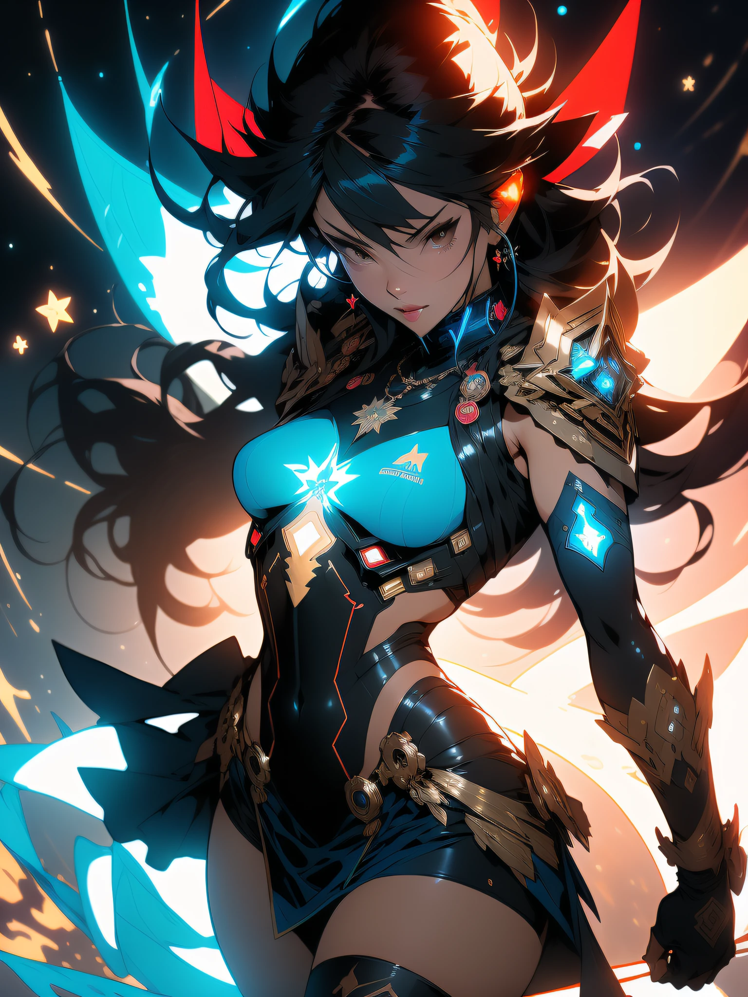 ((Best quality)), ((masterpiece)), (detailed: 1.4), (Absurd), angry princess, ((action pose)), (((black Muslim woman wearing short blue dress with bronze ornaments)))), ready for war, brunette skin, hot woman, sculptural body with defined muscles, closed mouth, muscular body covered by a Hoyoverse-style technological micro dress, Honkai Impact, Geishin Impast, large motorcycle glasses, bandana covering head, whole body covered by clothing, holding two scimitars, ((small breasts)), (eyes with heavy makeup and very black without pupils), ((black and gold clothing with small red details)), (((short black hair style Ryuko Matoi)), (alien inscriptions on the arms), (((drawings of golden stars on the arms)), very long eyelashes, heavy makeup on the eyes, lots of jewelry, by mucha, niji --V5, near real, psychopathic, crazy face, sexy pose, background with a giant Gundam style robot head, 2 piece clothing, diamond shoulder pads, pastel, centered, scale to fit dimensions, HDR (High Dynamic Range),Ray Tracing,NVIDIA RTX,Super-Resolution,Unreal 5,Subsurface dispersion, PBR texture, Post-processing, Anisotropic filtering, Depth of field, Maximum clarity and sharpness, Multilayer textures, Albedo and specular maps, Surface shading, Accurate simulation of light-material interaction, Perfect proportions, Octane Render, Two-tone lighting, Wide aperture, Low ISO, White balance, Rule of thirds, 8K RAW, crysisnanosuit