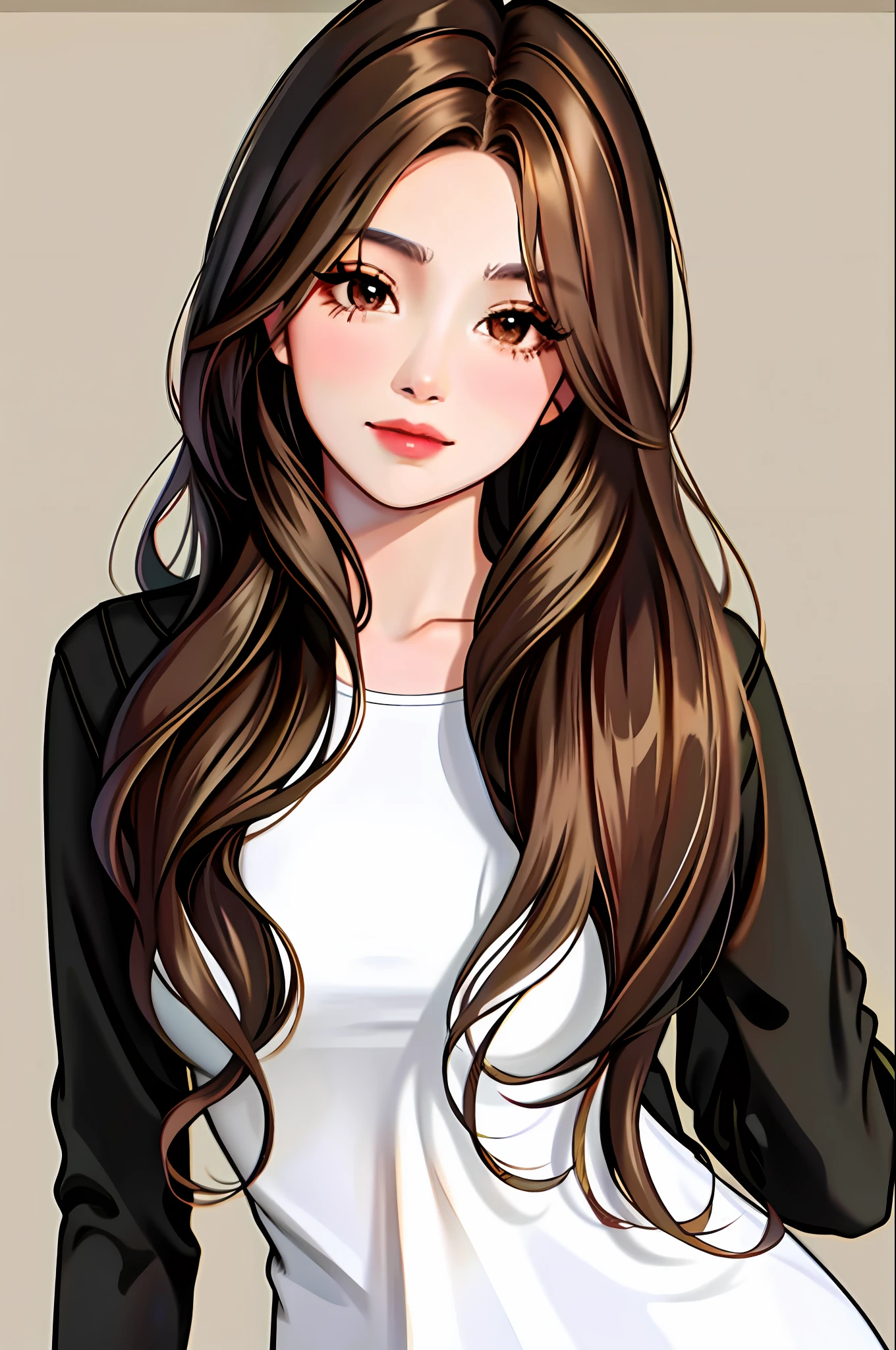 Anime girl with long brown hair and white shirt - SeaArt AI
