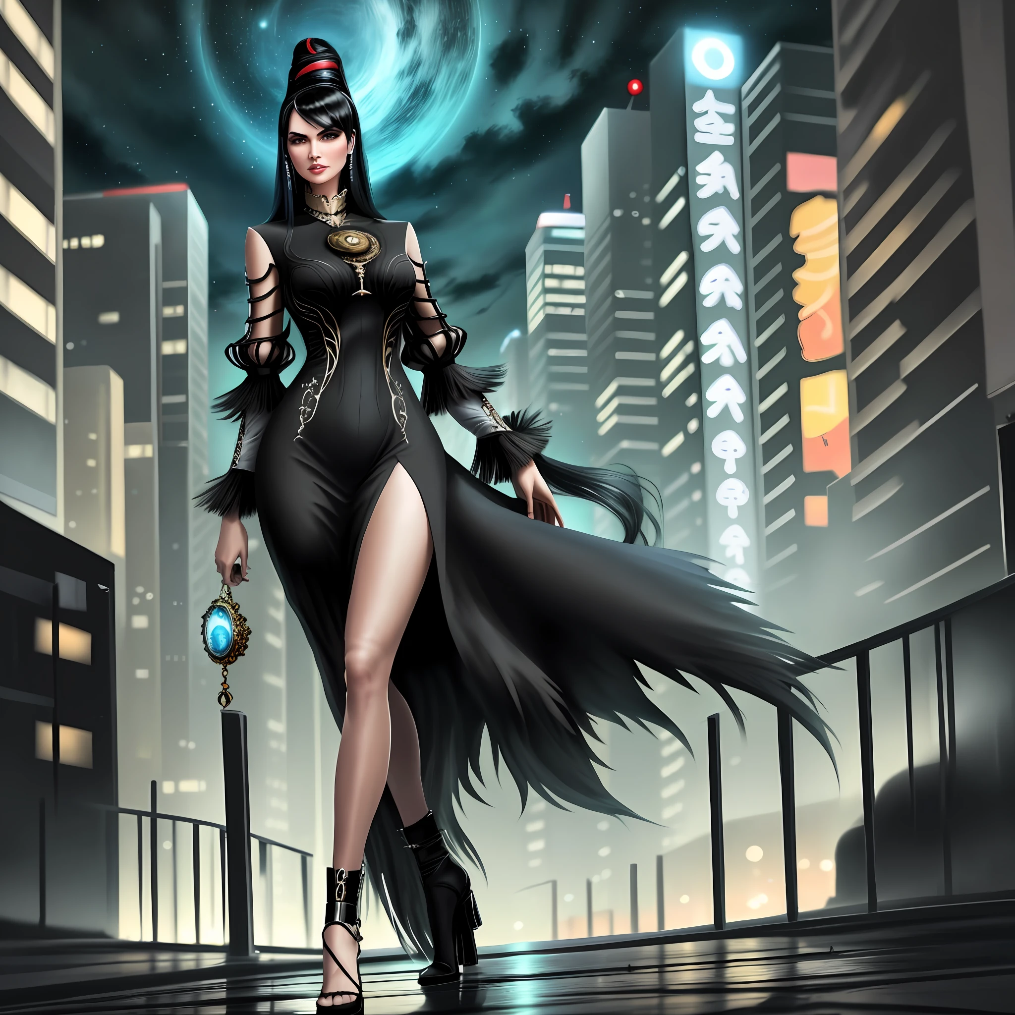 Beautiful tall woman with black hair scenery city at night