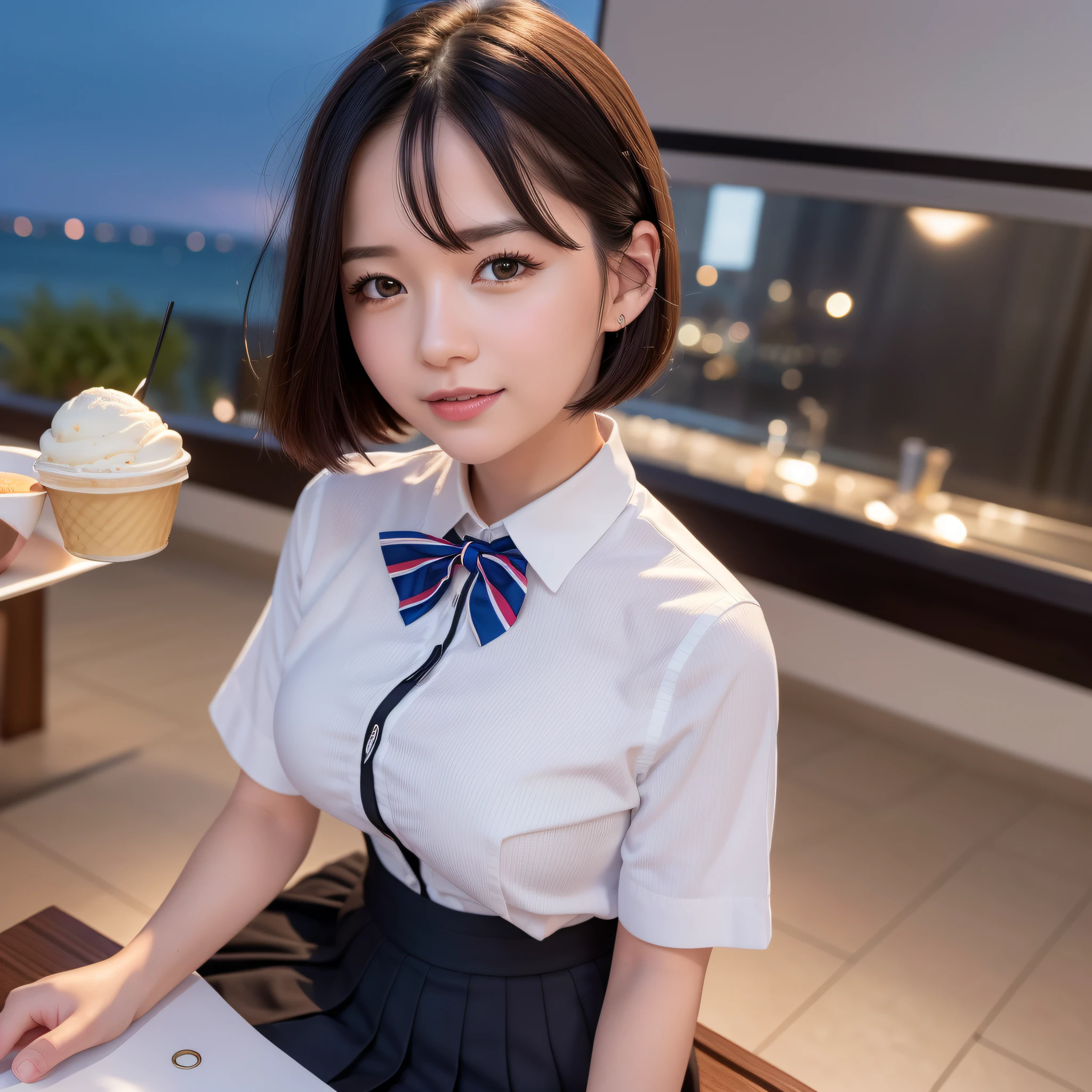 (8k, RAW photo, best quality, masterpiece: 1.2), (realistic, photo-realistic: 1.37), ultra-detailed, 1 girl, beautiful, solo, beautiful detailed sky, detailed coffee, night, sitting, (flushed nose), (smile: 1.1), (mouth closed), medium breasts, beautiful detailed eyes, (collared shirt: 1.1), bow tie, pleated skirt, (short hair: 1.2), floating hair, taking big ice cream,