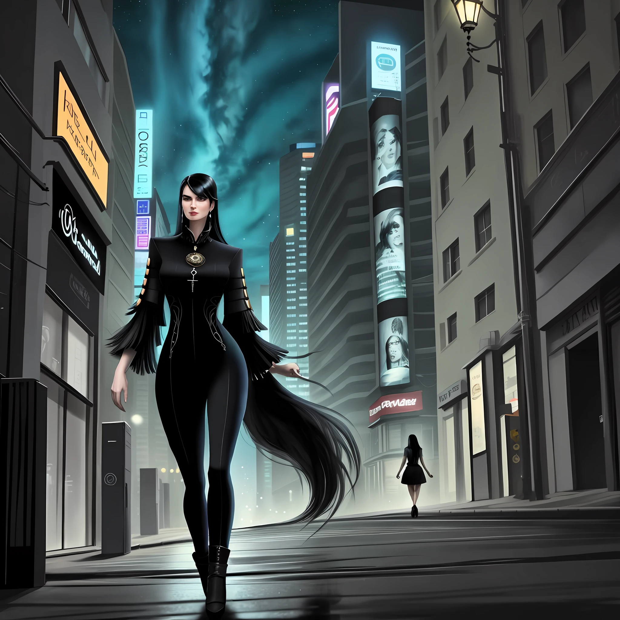 Beautiful tall woman with black hair scenery city at night