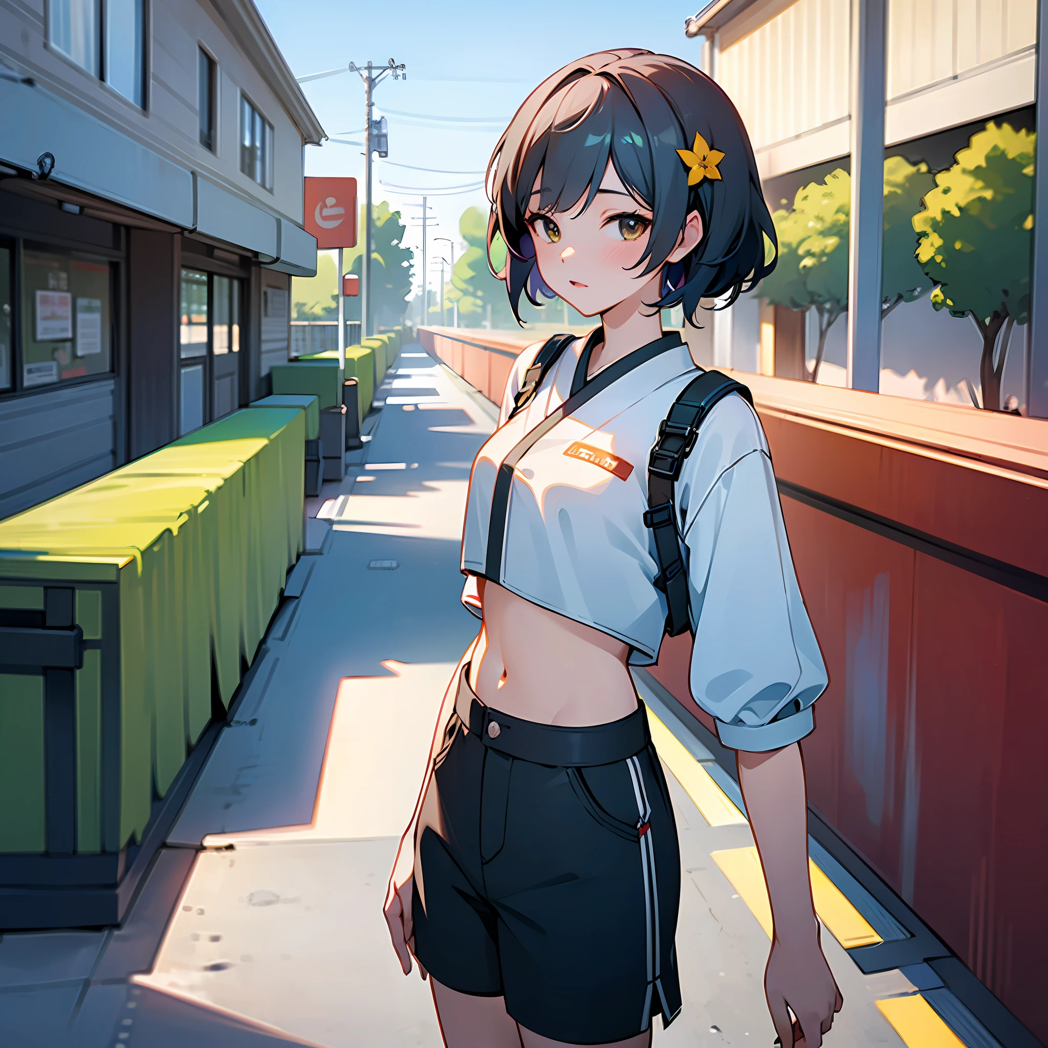 ((high quality)), ((masterpiece)), 8k, 1girls, crop top , short pants , extremely detailed CG unity 8k wallpaper, game cg, looking at viewer, in terrace , view highway , summer , japan street