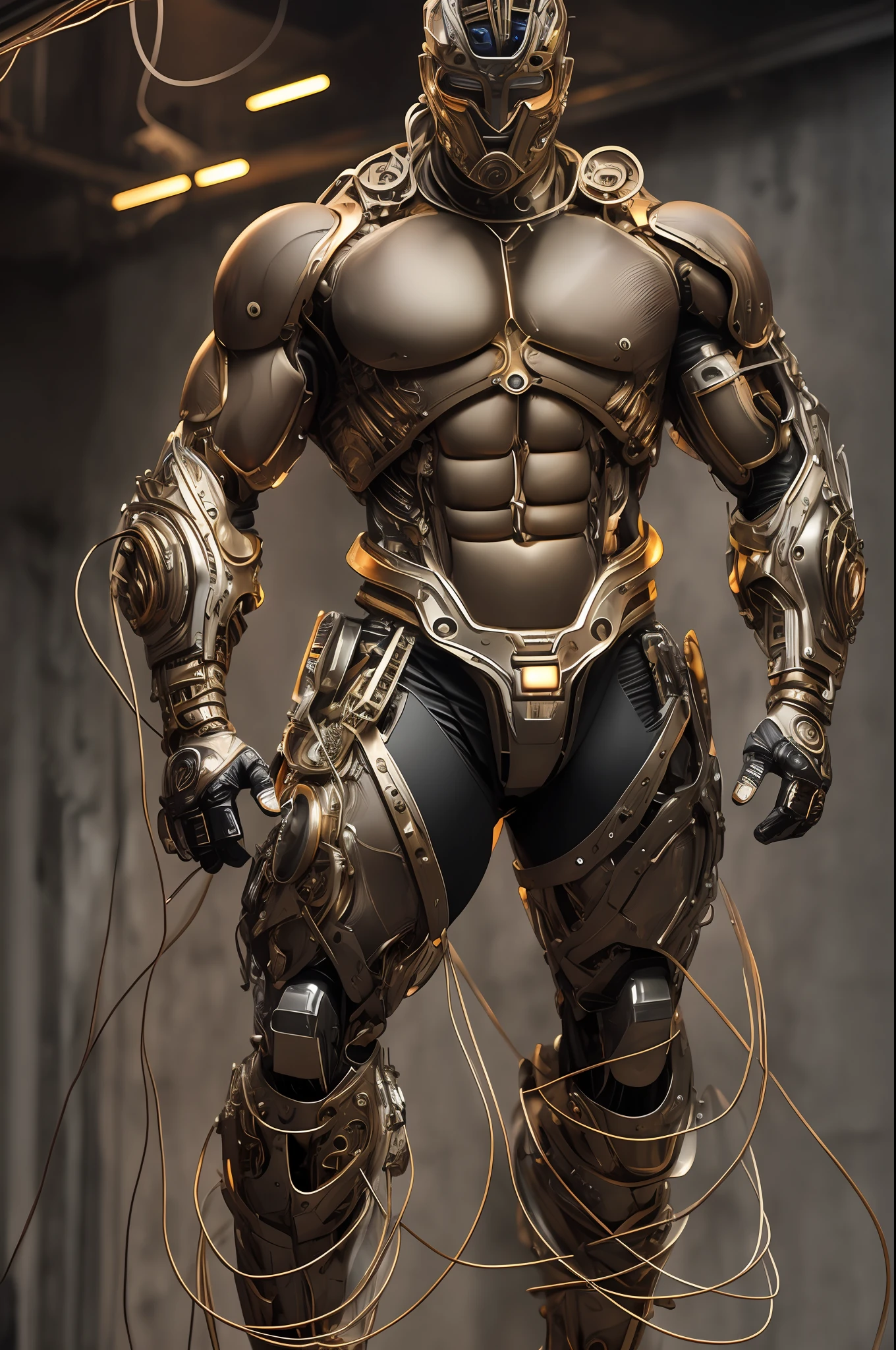 (Very attractive) muscular cyborg mature man with a (model face), chisled features, exposed wires, gold oil leaking from rusty wires, lights, extremely asthetically chiseled physique, old destress metal, full-body, huge Crotch bulge, --auto --s2