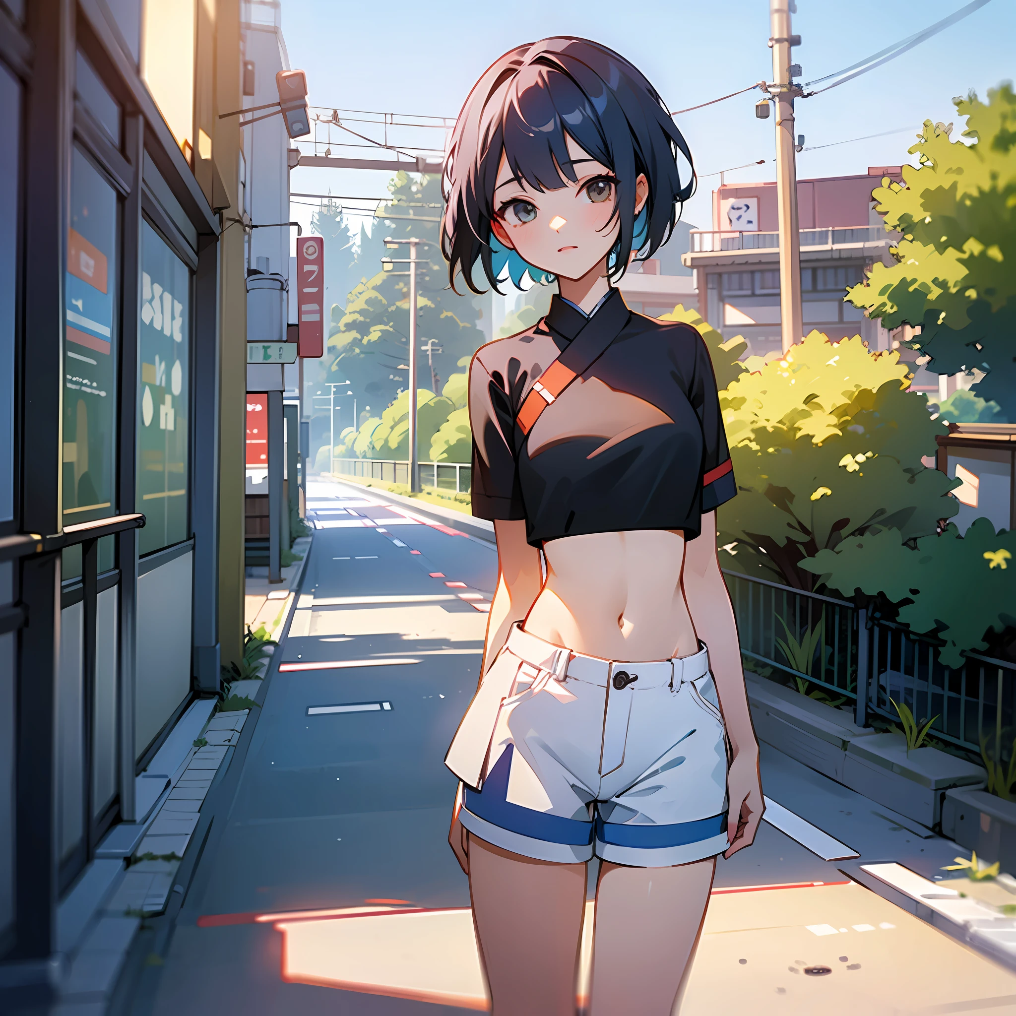 ((high quality)), ((masterpiece)), 8k, 1girls, crop top , short pants , extremely detailed CG unity 8k wallpaper, game cg, looking at viewer, in terrace , view highway , summer , japan street