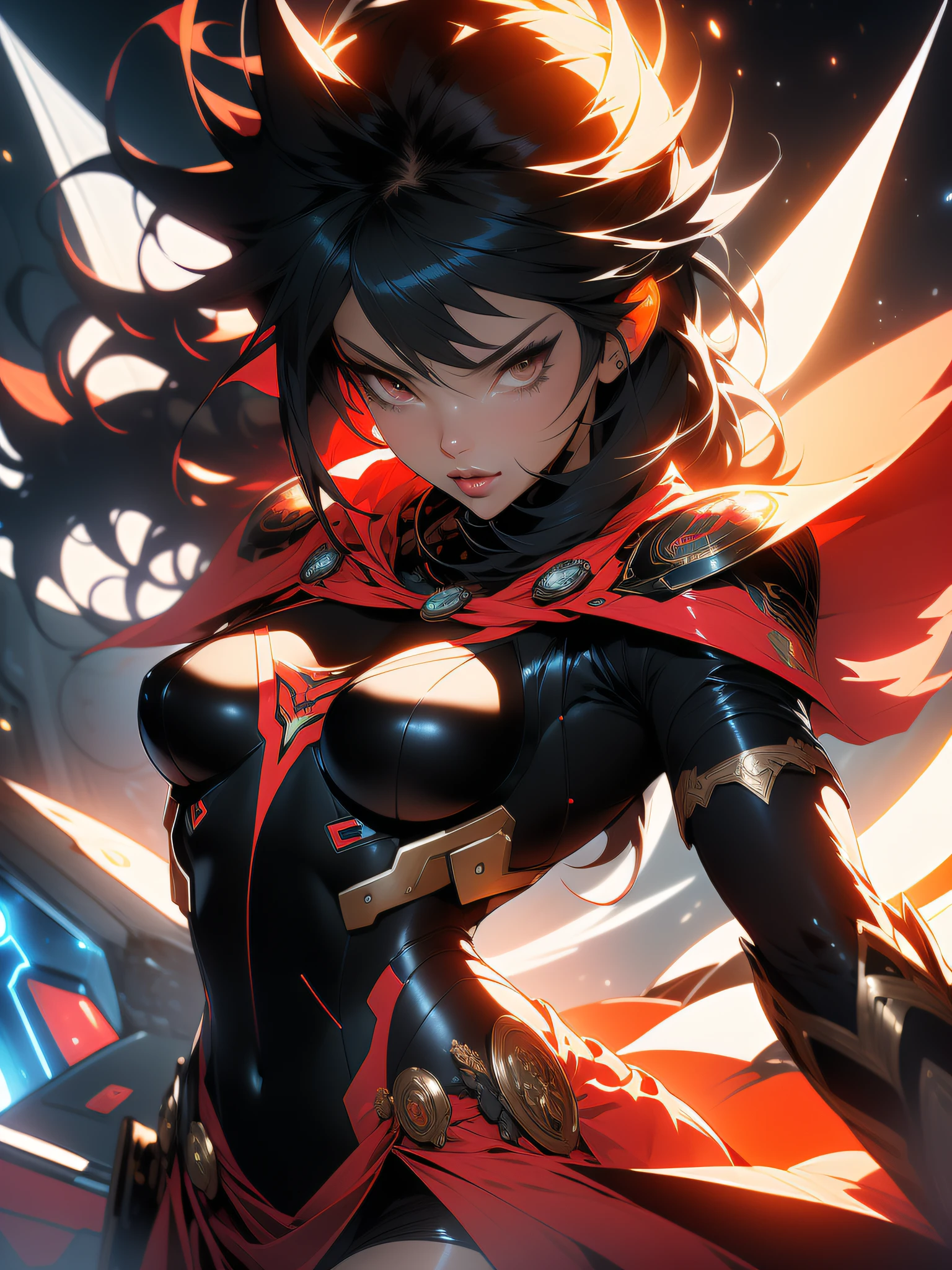 ((Best quality)), ((masterpiece)), (detailed: 1.4), (Absurd), angry princess, ((action pose)), (((black Muslim woman wearing short red dress with bronze ornaments)))), ready for war, brunette skin, hot woman, sculptural body with defined muscles, closed mouth, muscular body covered by a Hoyoverse-style technological micro dress, Honkai Impact, Geishin Impast, large motorcycle goggles, bandana covering head,  whole body covered by clothing, holding two scimitars, ((small breasts)), (eyes with heavy makeup and very black without pupils), (((short black hair style Ryuko Matoi)), (alien inscriptions on the arms), ((drawings of golden stars on the arms)), very long eyelashes, heavy eye makeup, lots of jewelry, by mucha, niji --V5, close to the real, psychopath, crazy face, sexy pose,  background with a giant Gundam style robot head, 2 piece clothing, diamond shoulder pads, pastel, centered, scale to fit dimensions, HDR (High Dynamic Range),Ray Tracing,NVIDIA RTX,Super-Resolution,Unreal 5,Subsurface dispersion, PBR texture, Post-processing, Anisotropic filtering, Depth of field, Maximum clarity and sharpness, Multilayer textures, Albedo and specular maps, Surface shading,  Accurate simulation of light-material interaction, Perfect proportions, Octane Render, Two-tone lighting, Wide aperture, Low ISO, White balance, Rule of thirds, 8K RAW, crysisnanosuit
