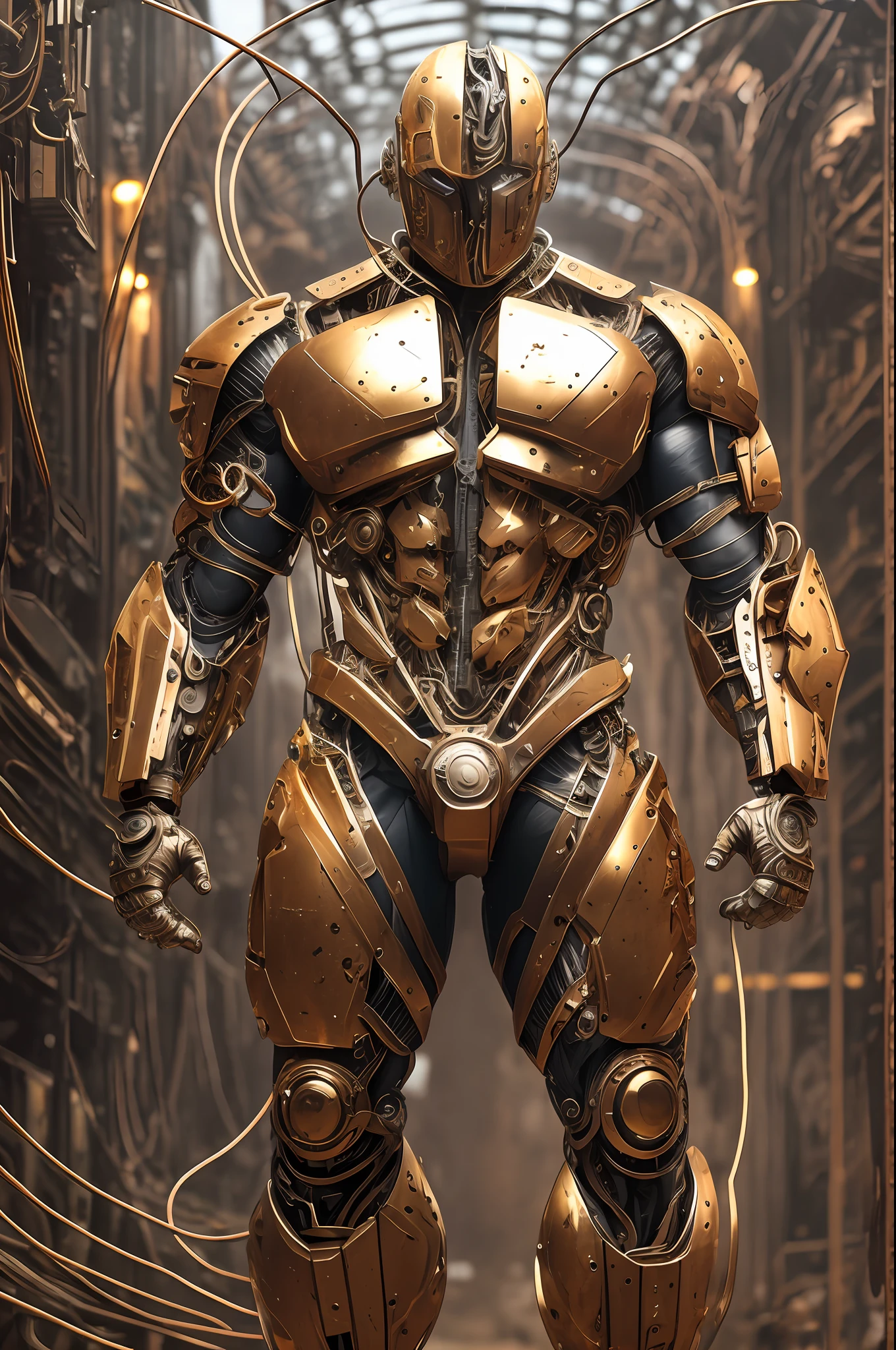 (Very attractive) muscular cyborg mature man with a (model face), chisled features, exposed wires, gold oil leaking from rusty wires, lights, extremely asthetically chiseled physique, old destress metal, full-body, huge Crotch bulge, --auto --s2