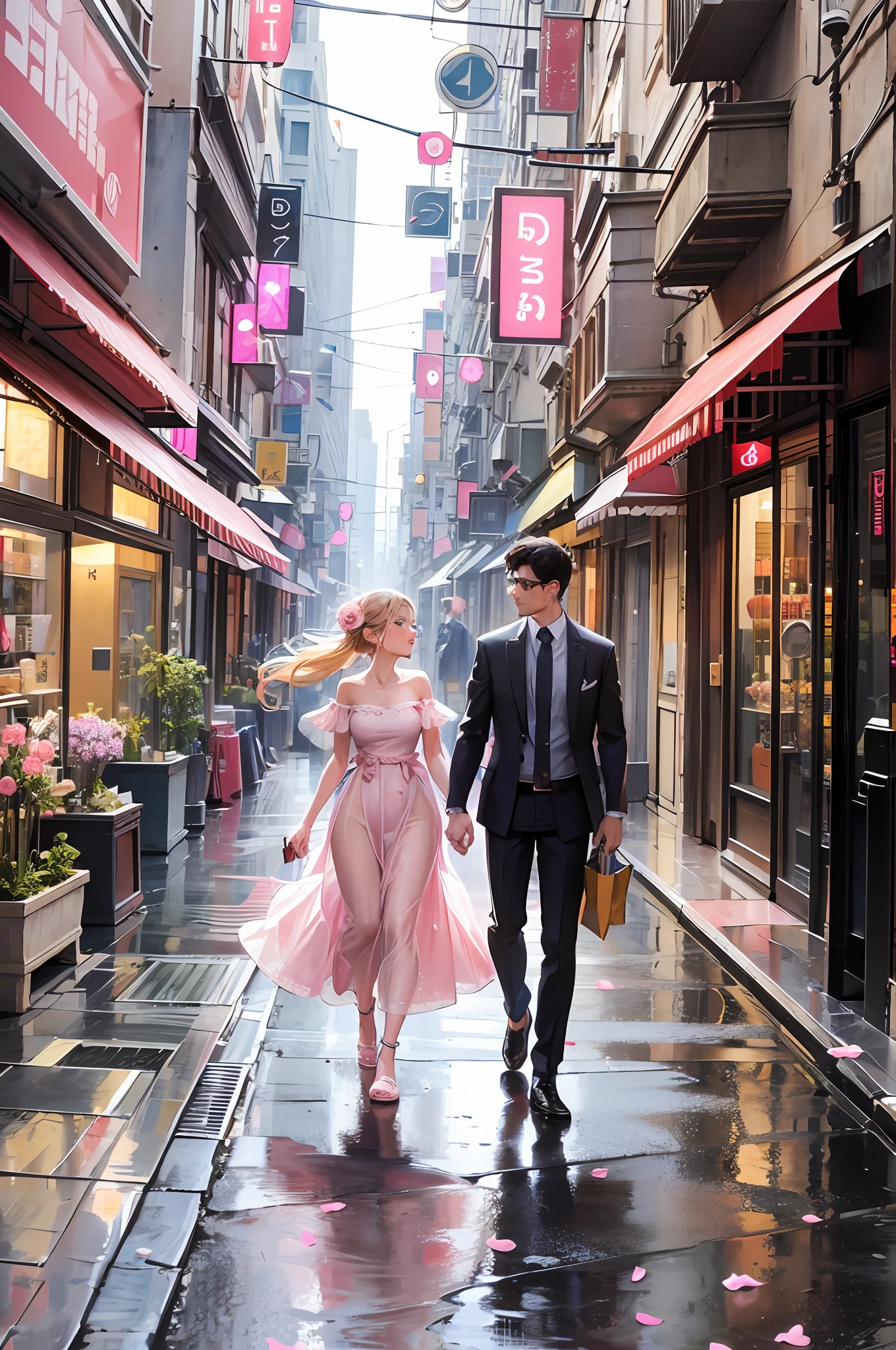 Walking on the city street, a man and a woman, female pink bandeau dress, woman wearing super short group, wearing pink flower long dress, man wearing physique, handsome, cute couple, shopping, in the city --auto --s2