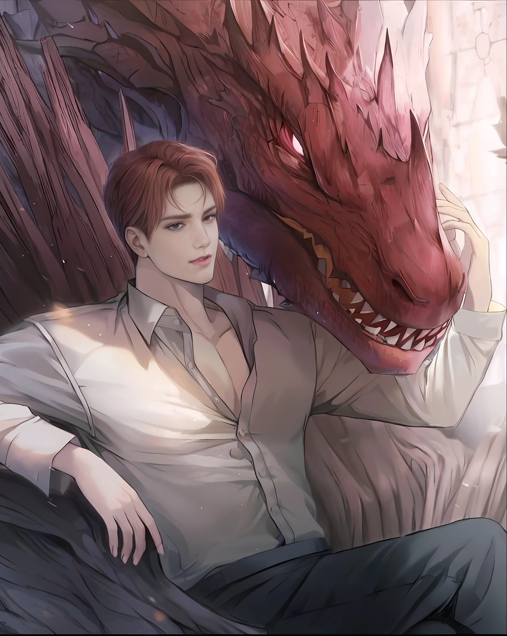 Anime image of a man sitting next to a dragon with a red head, human and dragon, man with dragon soul, handsome boy in demon slaying art, dragon in the background, highly detailed exquisite fanart, but like an anthropomorphic dragon, like an anthropomorphic dragon, high-quality fanart, colossal dragon in the background
