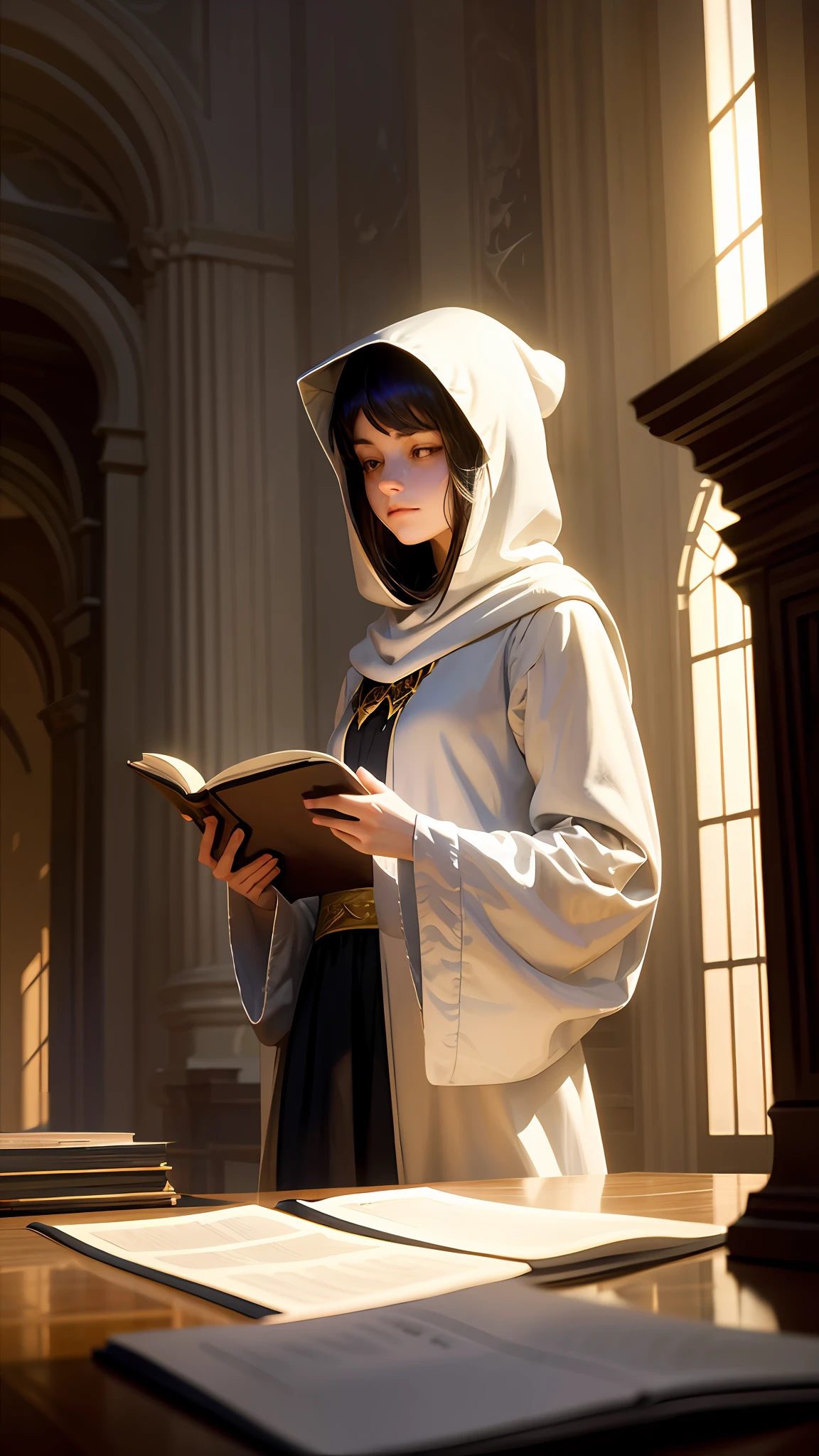 masterpiece, best quality, John Singer Sargent, young sorceress studying, hood up, moody lighting, tranquil, calm, glow, glowing, mystical, magical, rim lighting