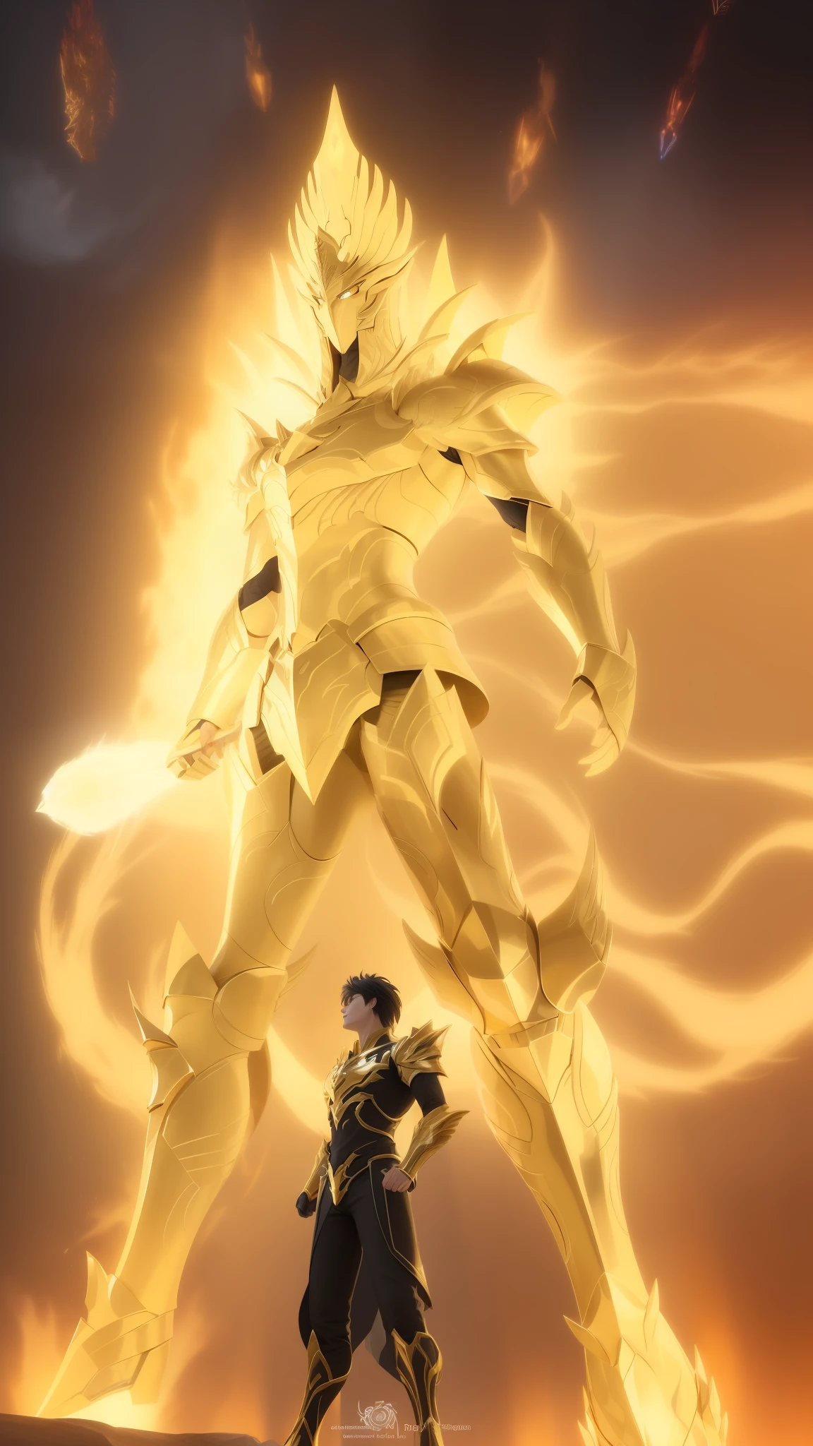 a close up of a person standing in front of a fire, unreal engine render saint seiya, an epic anime of a energy man, flame conjuring armored, light coming off of the armor, guildwar artwork, demon souls, gold paladin, sauron, octane render godrays, with fiery golden wings of flame, from guild wars