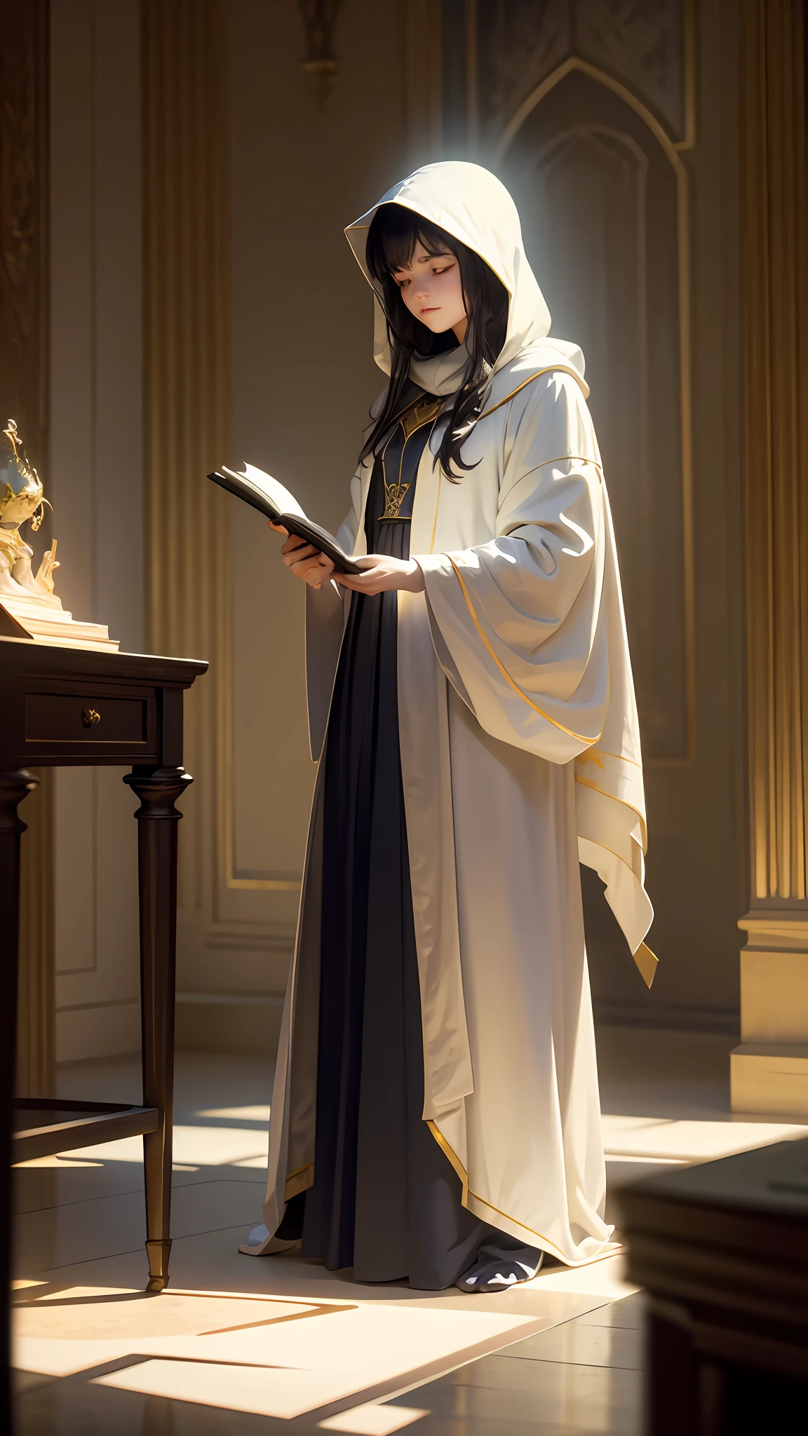 masterpiece, best quality, John Singer Sargent, young sorceress studying, hood up, moody lighting, tranquil, calm, glow, glowing, mystical, magical, rim lighting