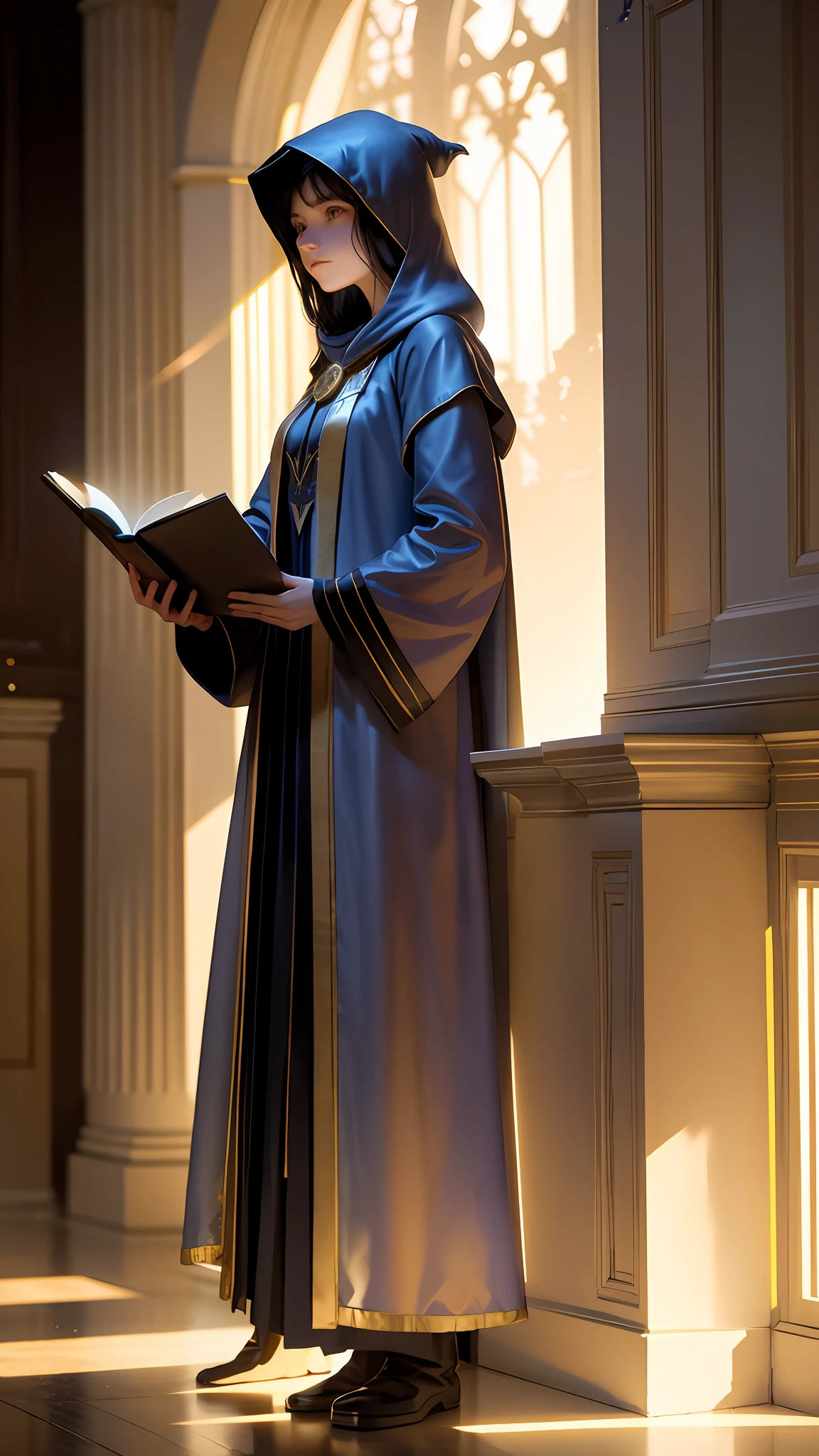 masterpiece, best quality, John Singer Sargent, young sorceress studying, hood up, moody lighting, tranquil, calm, glow, glowing, mystical, magical, rim lighting