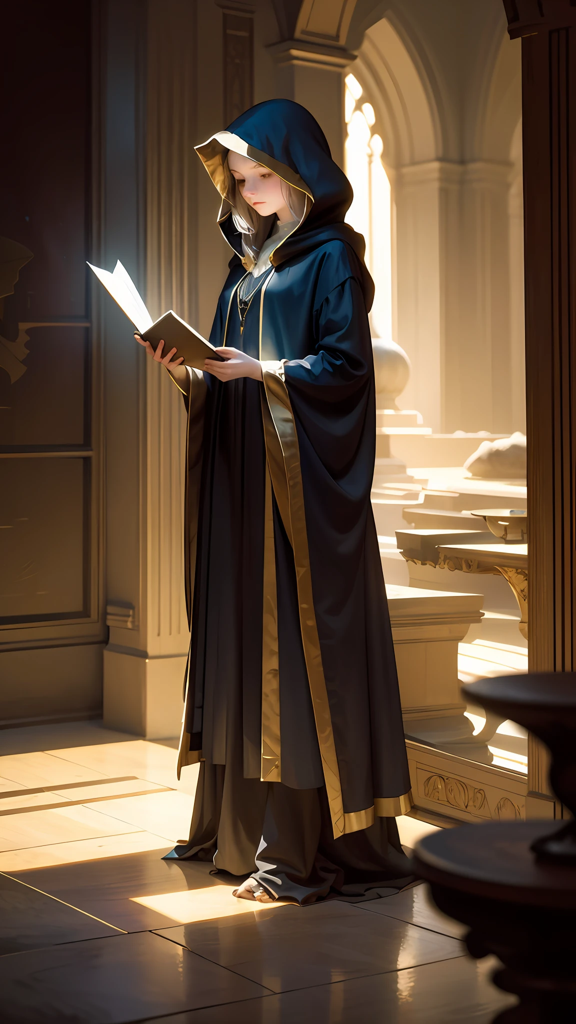 masterpiece, best quality, John Singer Sargent, young sorceress studying, hood up, moody lighting, tranquil, calm, glow, glowing, mystical, magical, rim lighting