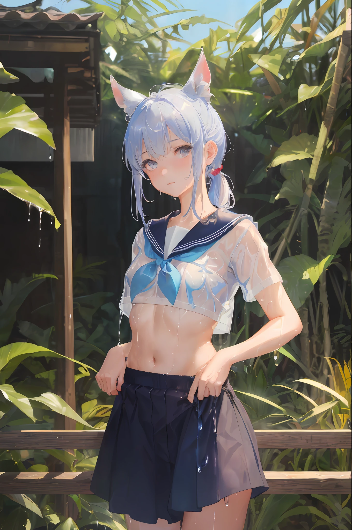 Cornflower art, dreamy, (masterpiece, top quality, perfect anatomy, beautiful face, realistic, super detailed, 1 girl, 18 ears senile, solo, depth of field, canon 24mm lens, f1.4, cute_girl, sailor_ collar, clear facial features, short sleeves, small breasts, slender stature, height 170, barefoot, double ponytail, bangs, gravure pose, outdoor, jungle, Blurred background, (Uwabaki: 1.1576)) Drenched all over body, clear liquid dripping from the crotch, the front of the shirt is exposed, the chest is visible, transparent bra, light blue striped buns, NSEW.nrfw,