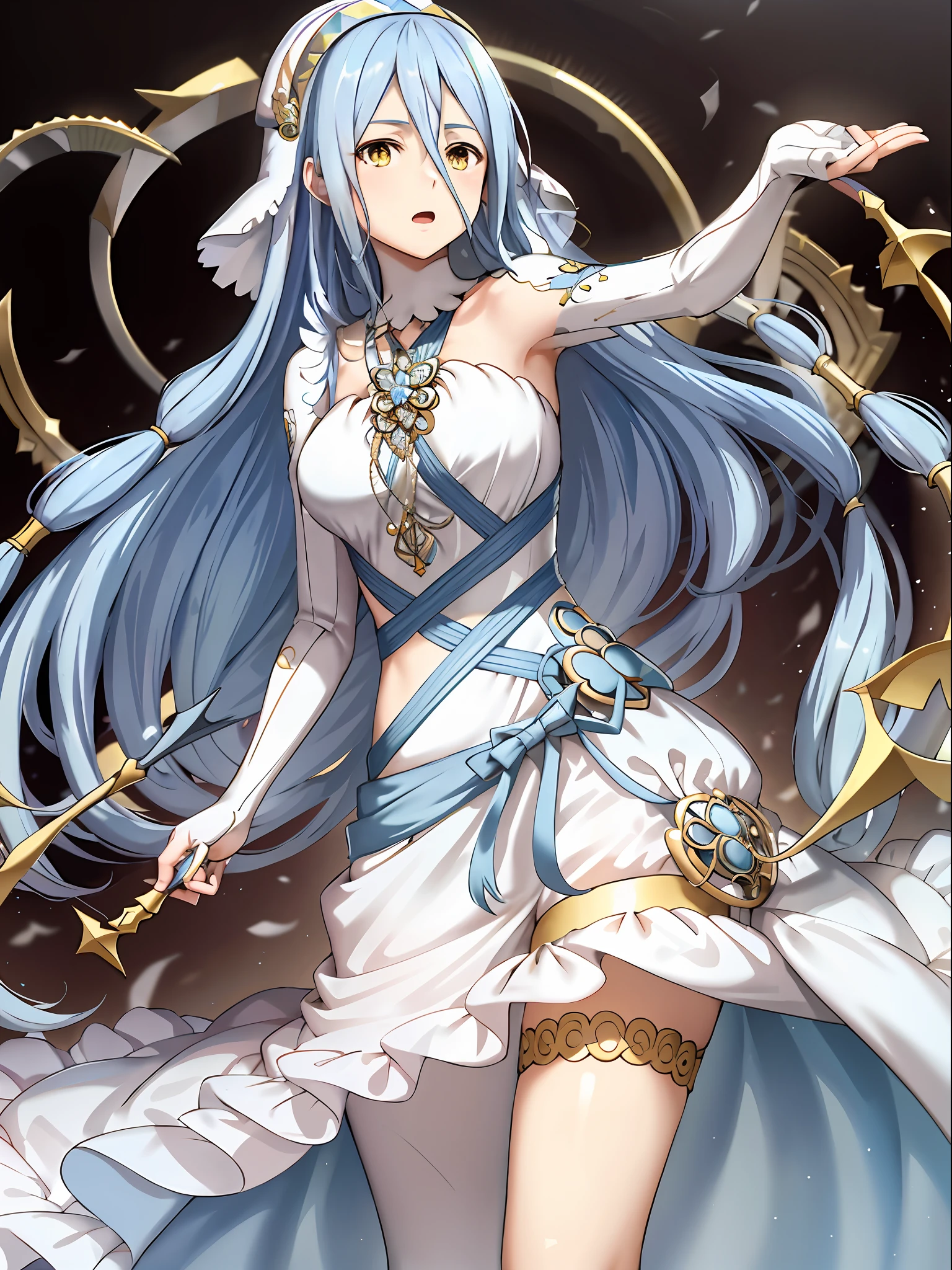 masterpiece, best quality, absurdres, 1girl, blue hair, yellow eyes, standing, azura, azura_fates, white dress, asymmetrical legwear, singing, open mouth