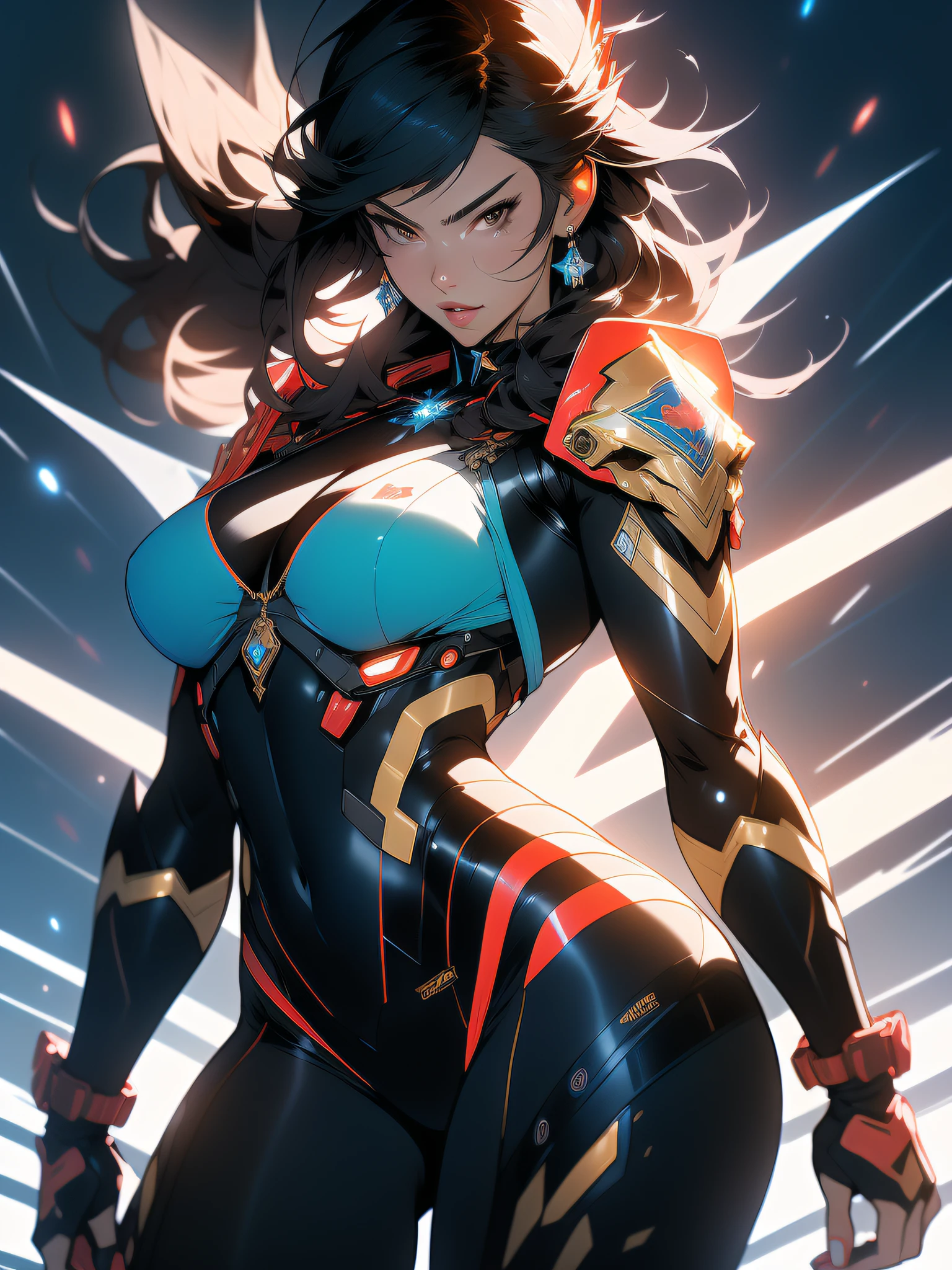 ((Best quality)), ((masterpiece)), (detailed: 1.4), (Absurd), angry princess, ((action pose)), (((Latina woman wearing tech blue bikini with ornaments)))), ready for war, brunette skin, hot woman, sculptural body with defined muscles, closed mouth, muscular body covered by a technological micro bikini style Neon Evangelion, Honkai Impact, Geishin Impast, large motorcycle glasses, bandana covering head,  whole body covered by gold stars, ((medium breasts)), (eyes with heavy makeup and very black without pupils), (((short black hair style Ryuko Matoi)), (stars on the arms), ((drawings of golden stars on the arms)), very long eyelashes, heavy makeup on the eyes, lots of jewelry, by mucha, niji --V5, close to the real, psychopath, crazy face, sexy pose, background with a giant Gundam-style robot head,  2 piece clothing, shoulder pads diamond, pastel, centered, scale to fit dimensions, HDR (High Dynamic Range),Ray Tracing,NVIDIA RTX,Super-Resolution,Unreal 5,Subsurface dispersion, PBR texture, Post-processing, Anisotropic filtering, Depth of field, Maximum clarity and sharpness, Multilayer textures, Albedo and specular maps, Surface shading, Accurate simulation of light-material interaction, Perfect proportions, Octane Render, Two-tone lighting,  Wide aperture, Low ISO, White balance, Rule of thirds, 8K RAW, crysisnanosuit