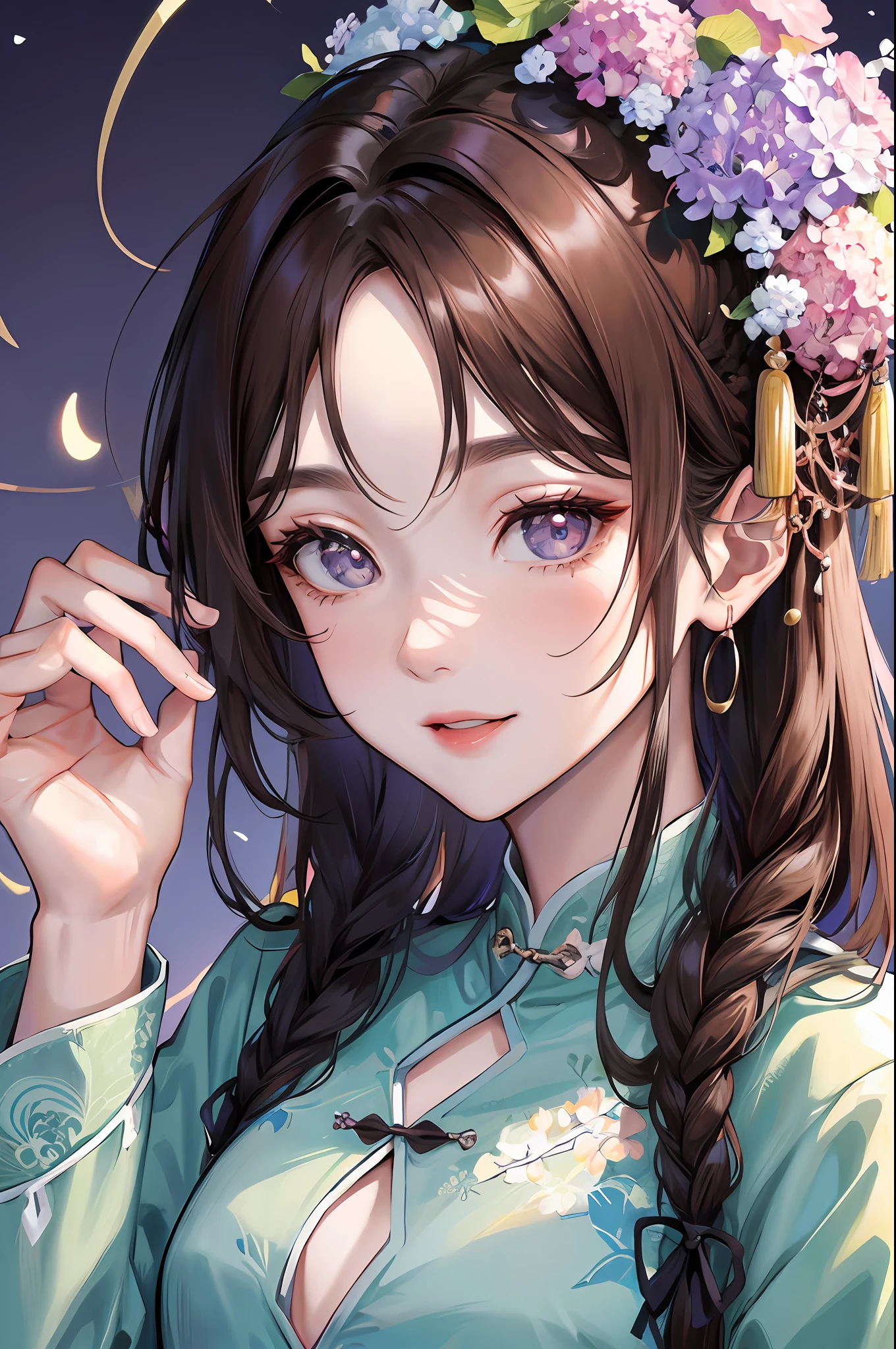Masterpiece, best, night, full moon, 1 female, mature woman, Chinese style, ancient China, elder sister, royal sister, smile, dark brown hair, dark hair, princess cut, braid, curly hair, double ball head, pale pink Lips, calm, intellectual, medium hair, green pupils, hairpin, hydrangea, delicate face, face close-up, hand close-up
