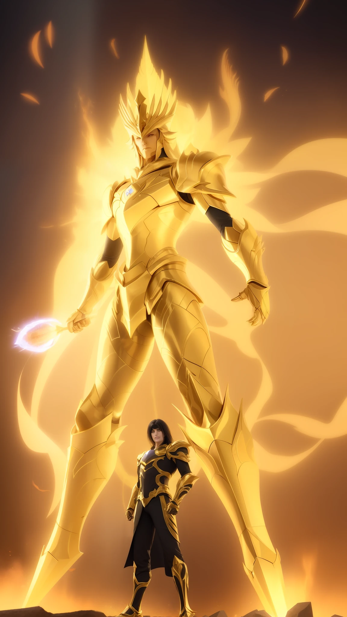 a close up of a person standing in front of a fire, unreal engine render saint seiya, an epic anime of a energy man, flame conjuring armored, light coming off of the armor, guildwar artwork, demon souls, gold paladin, sauron, octane render godrays, with fiery golden wings of flame, from guild wars