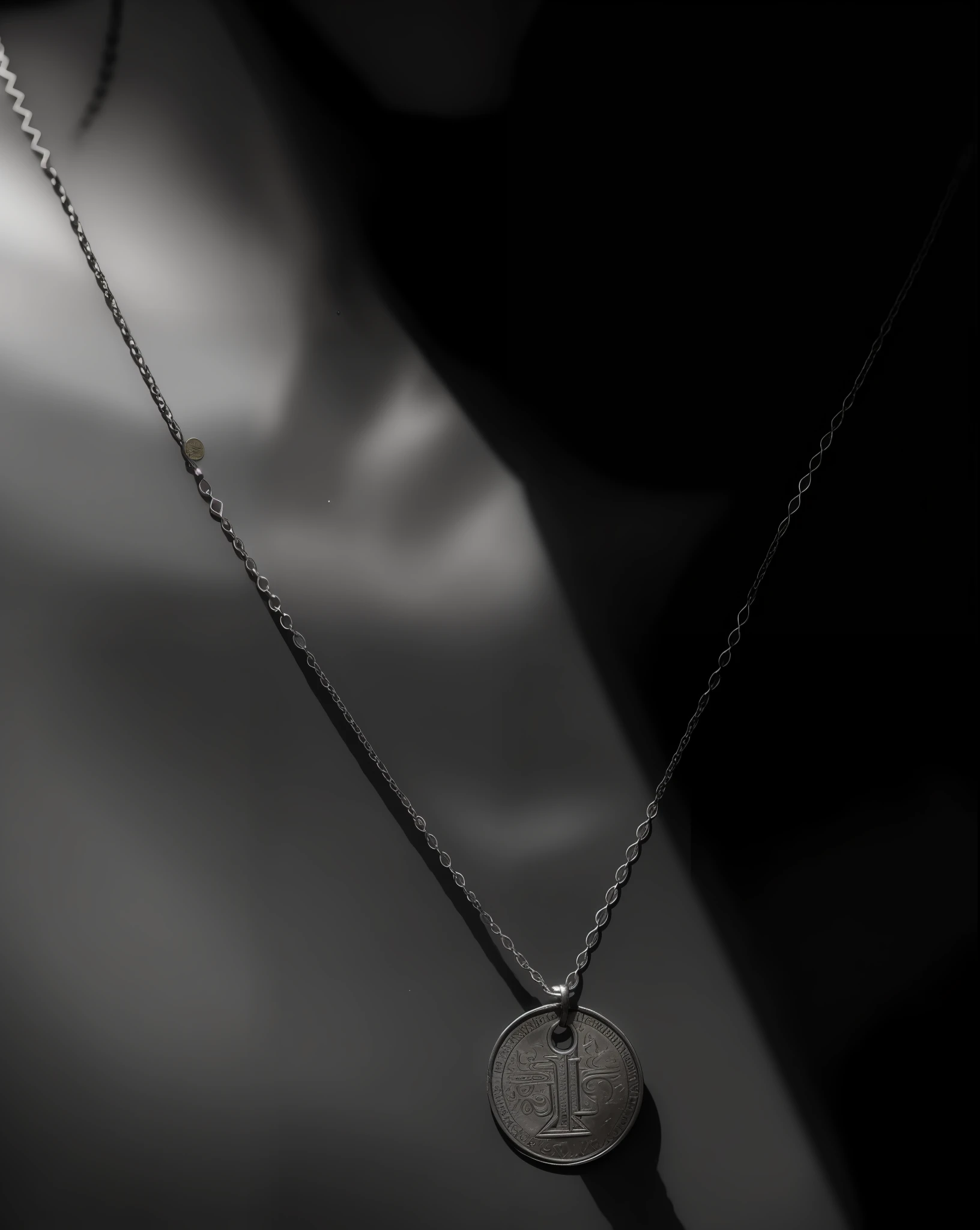 a close up of a person wearing a necklace with a coin on it, small necklace, necklace, silver necklace, close up shot of an amulet, arabic, wearing several pendants, jewelry photography, dark moody backlighting, necklace on display, by Elsa Bleda, hints of silver jewelry, “loss of inner self, shot on leica sl2, by Siona Shimshi --auto --s2