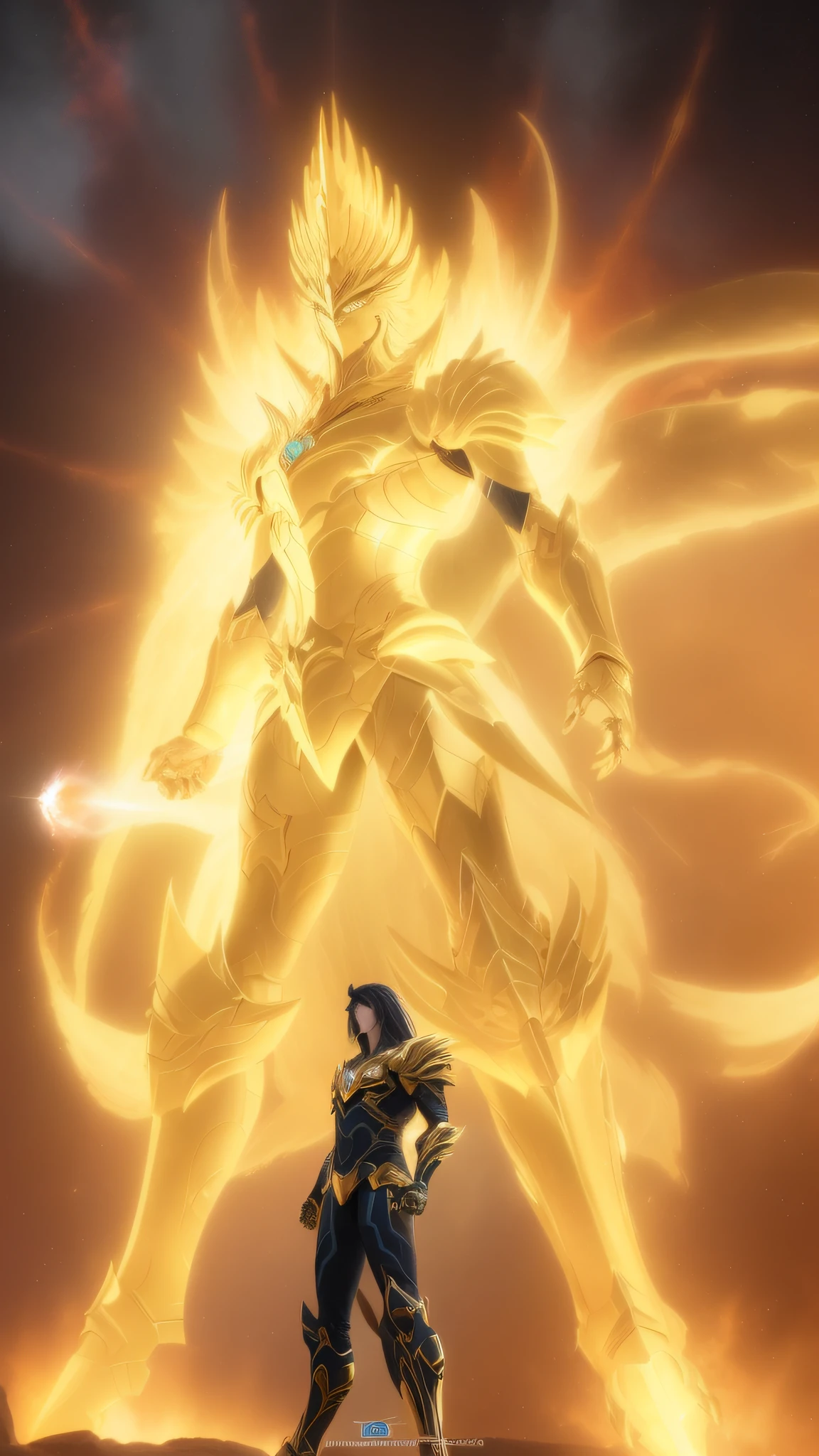 a close up of a person standing in front of a fire, unreal engine render saint seiya, an epic anime of a energy man, flame conjuring armored, light coming off of the armor, guildwar artwork, demon souls, gold paladin, sauron, octane render godrays, with fiery golden wings of flame, from guild wars