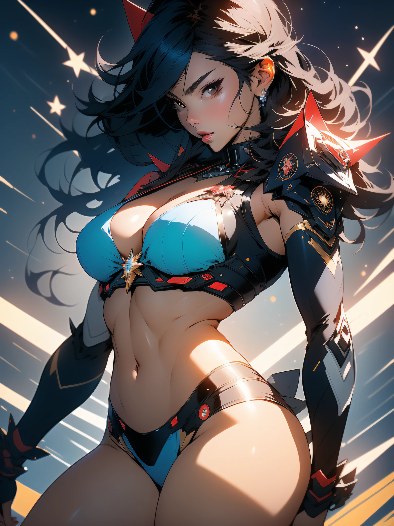 ((Best quality)), ((masterpiece)), (detailed: 1.4), (Absurd), furious princess, ((action pose)), (((Latin woman wearing blue bikini with ornaments)))), ready for war, brunette skin, hot woman, sculptural body with defined muscles, closed mouth, muscular body covered by a Honkai Impact style micro bikini, Geishin Impast, large motorcycle goggles, bandana covering head, whole body covered by gold stars,  ((medium breasts)), (eyes with heavy makeup and very black without pupils), (((short black hair style Ryuko Matoi)), (stars on the arms), ((drawings of golden stars on the arms)), very long eyelashes, heavy eye makeup, lots of jewelry, by mucha, niji --V5, close to the real, psychopath, crazy face, sexy pose, background with a giant Gundam-style robot head,  2 piece clothing, shoulder pads diamond, pastel, centered, scale to fit dimensions, HDR (High Dynamic Range),Ray Tracing,NVIDIA RTX,Super-Resolution,Unreal 5,Subsurface dispersion, PBR texture, Post-processing, Anisotropic filtering, Depth of field, Maximum clarity and sharpness, Multilayer textures, Albedo and specular maps, Surface shading, Accurate simulation of light-material interaction, Perfect proportions, Octane Render, Two-tone lighting,  Wide aperture, Low ISO, White balance, Rule of thirds, 8K RAW, crysisnanosuit