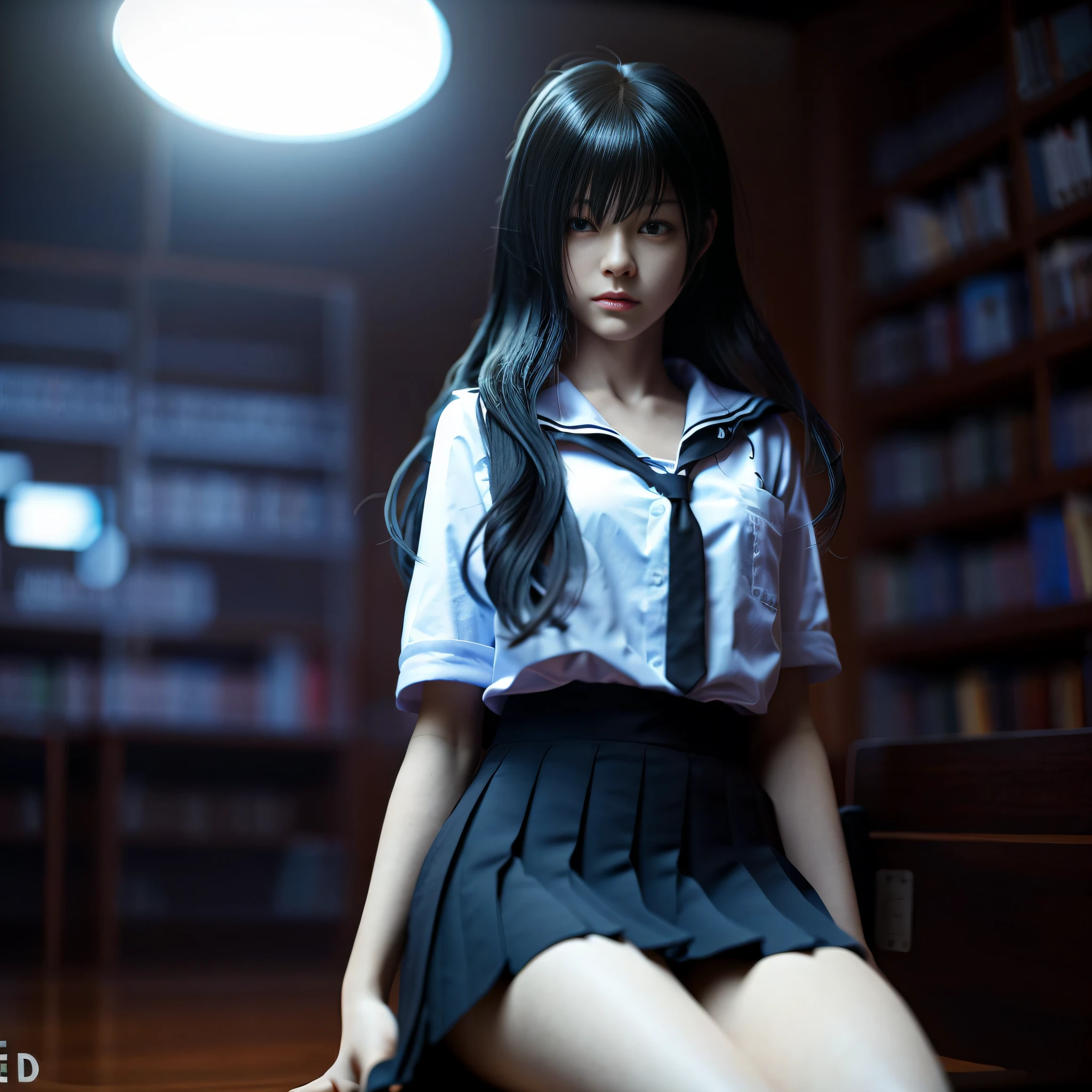 Woman sitting on library bench, surreal schoolgirl, surreal schoolgirl, realistic schoolgirl, realistic 3d style, 3d animation realistic, photorealistic anime. Soft lighting, realistic soft lighting, photorealistic girl rendering, (very detailed diagram)