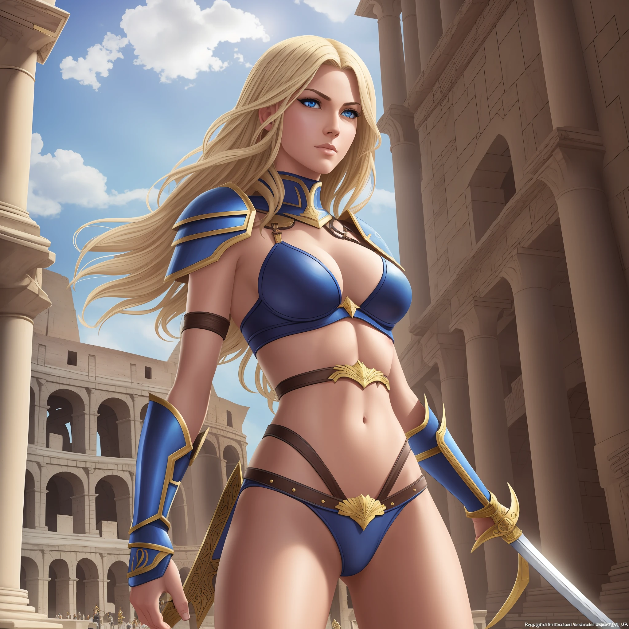 female gladiator, blue eyes, blond hair, fair skin, amazingly gorgeous, stern and determined, tall and slender, abs, a pair of long perfect legs, black bikini armor with golden borders, armed with a sword, ready for fatal battle, arena of colosseum full of enthusiastic audience, many blood stains on arena, windy midday, epic fantasy art, Super accurate and ultra-precise beautiful hand depiction, photorealistic, super high quality, super detail, masterpiece, 4k, 8k, HDR --auto --s2
