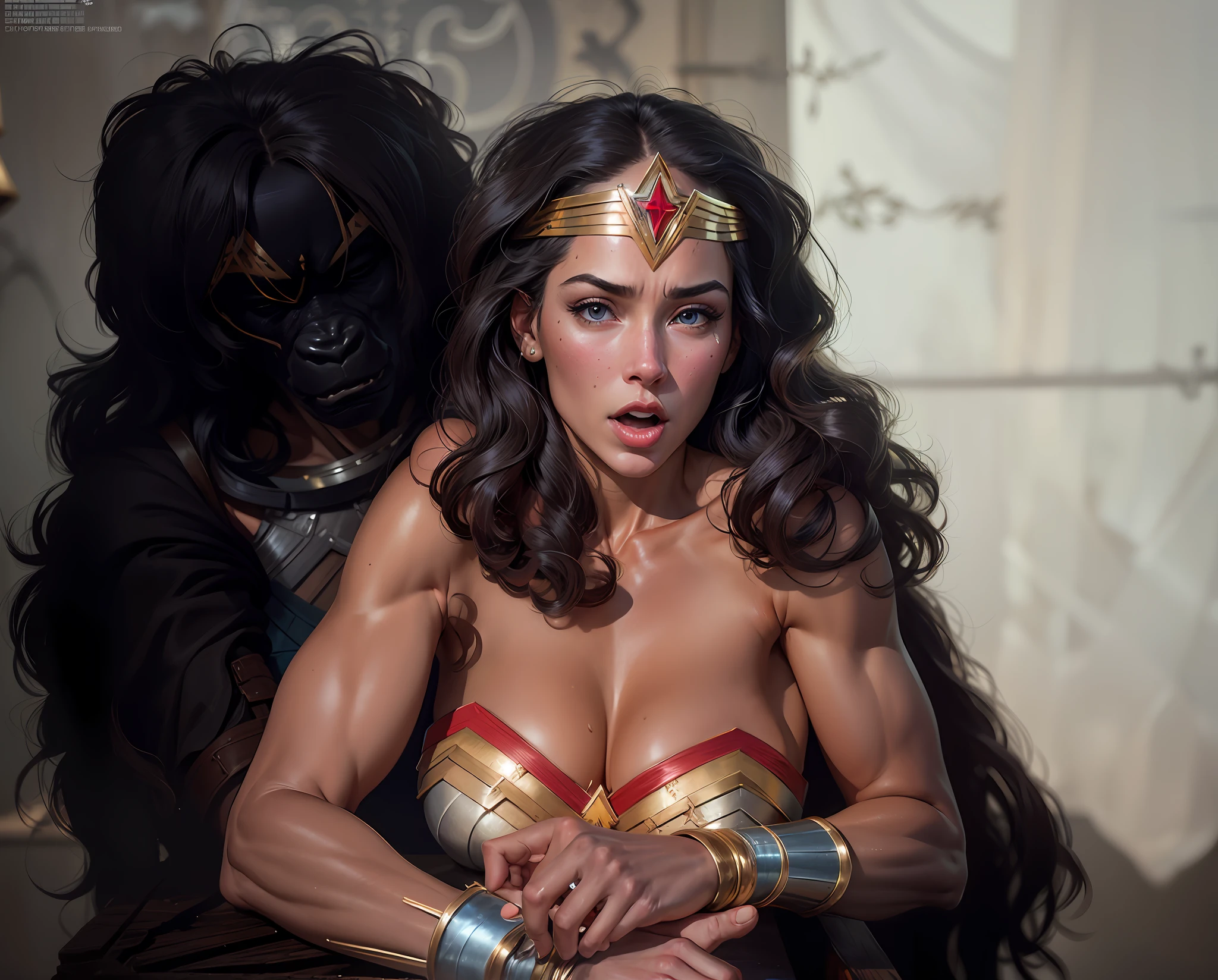Wonder Woman confronting a gorilla, cool scenes, scenes from live-action movies, action scenes from movies, the gorilla hugging Wonder Woman's waist with both arms, Wonder Woman holding the gorilla's arm with her right hand, ((highest quality)), (8k, very detailed, full-length frame, high-detail RAW color art, masterpiece: 1.2), (realistic and realistic picture: 1.37), cinematic light rendering, photon mapping, physics-based rendering, face to face, wonder woman, open mouth,  out of breath, serious, (intricate details, makeup), (delicate and beautiful delicate face, delicate and beautiful delicate eyes, perfectly proportioned face), (realistically moist skin: 1.0), (drenched body: 1.0), (wet skin), wet hair, delicate skin, strong and realistic blue eyes, realistic black hair, lips, makeup, natural skin texture, tiara, jewelry, star \(symbol\), leotard, bulletproof gauntlet, red boots, golden girdle, golden rope tied to the girdle,  (public clothing: 1.5), bare shoulders, slightly sunburned complexion, mature, sexy, elastic muscles, (muscles:1.2), ((strong and healthy body)), ((((more) muscles))), long legs, curves, (big breasts: 1.3), thin waist, soft waist, (delicate skin), (beautiful and sexy woman), (swollen lips: 0.9), (eyelashes: 1.2), very delicate muscle definition, scenes from 1 9 7 3 movies, shooting full scenes, shooting vintage movies,