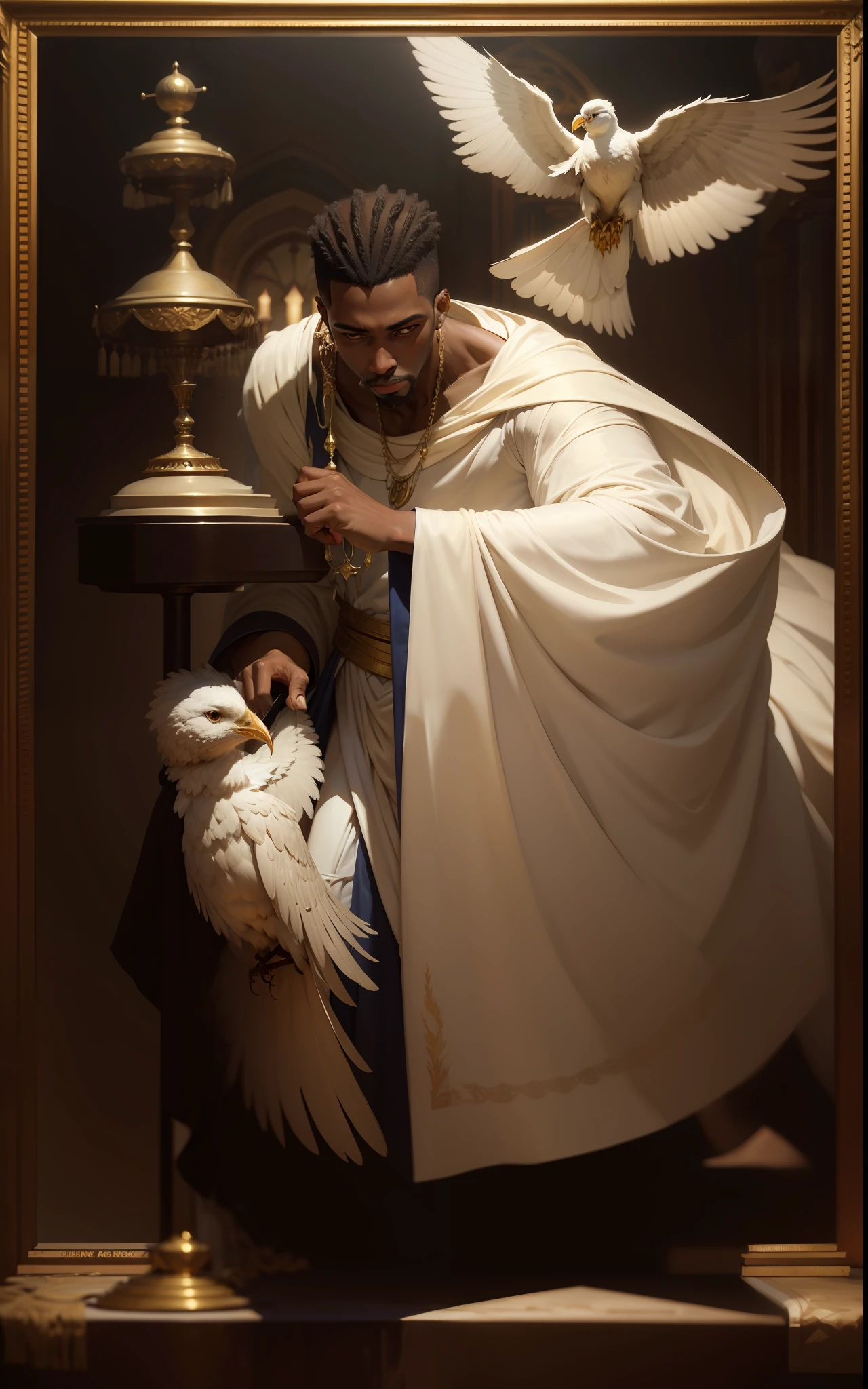 a painting of a man in a white dress with a bird on a pole, " painting, by Chinwe Chukwuogo-Roy, inspired by Edwin Austin's Abbey, crown!! oil painting, dark-skinned female goddess of love, inspired by Ben Enwonwu, portrait of ororo munroe, by Gladys Dawson, by Daphne McClure, by Eileen Aldridge --auto --s2