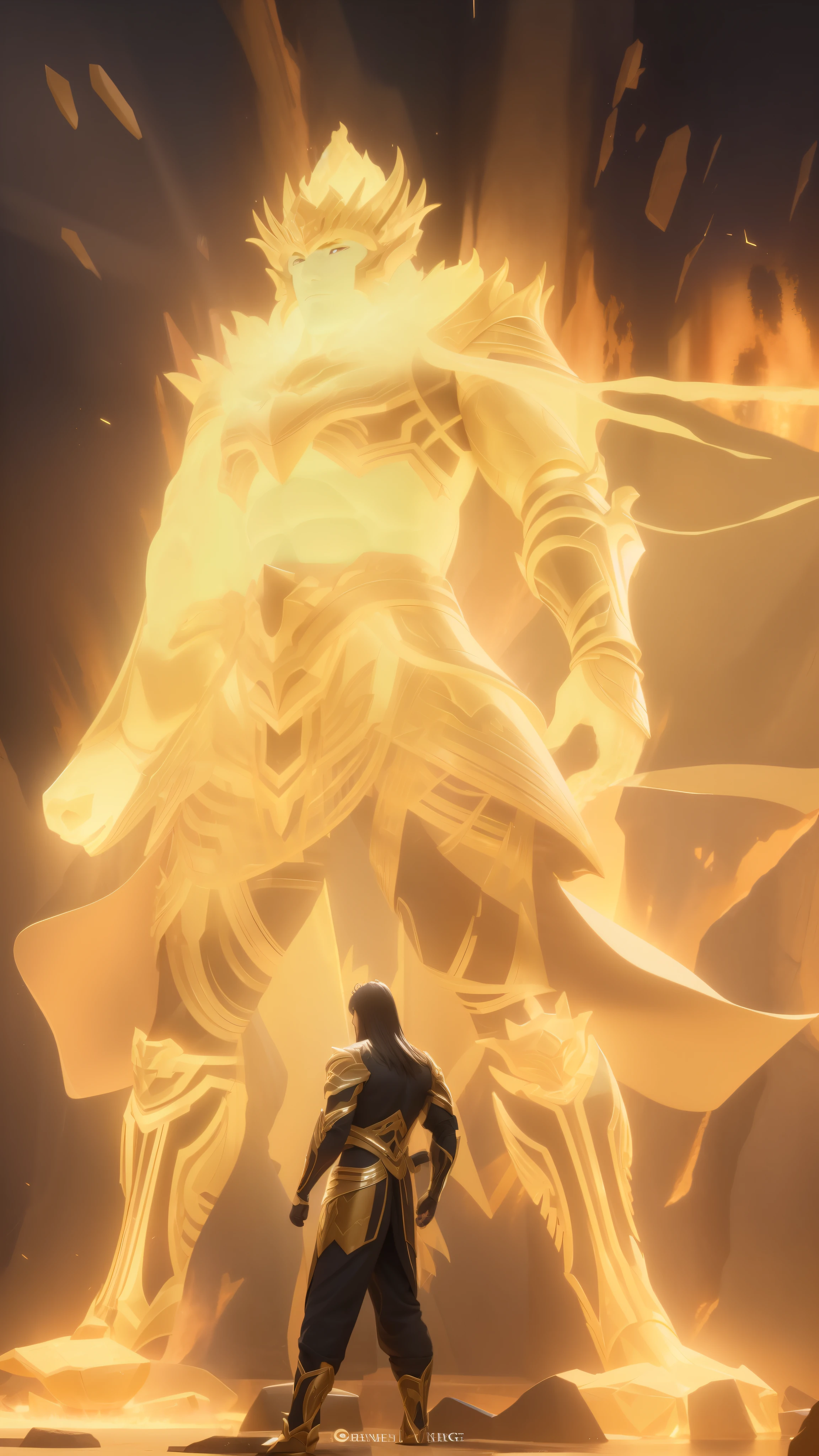 Close-up of the man standing in front of the fire, Unreal Engine renders Saint Seiya, Shadowbringer movie, Eldon Ring Boss, King of Cinders, Gadot as Hell Lord, Unreal Engine 5 4K UHD image, Fire Summon Armor, Elden Ring movie lighting, Unreal Engine 5 rendering dramatic, Hanbok, exquisite armor,