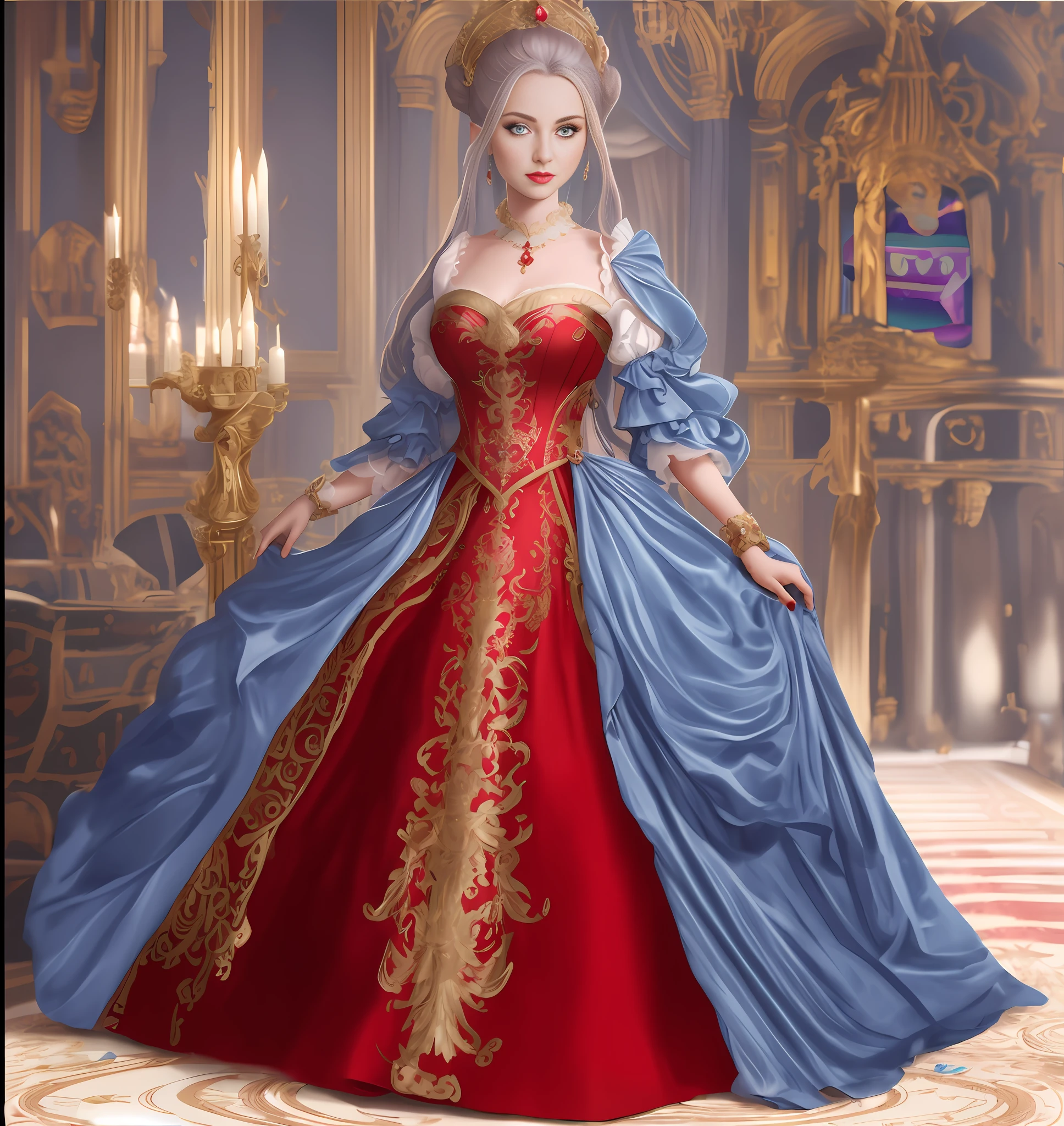 there is a woman in a red and blue dress standing in a room, imperial royal elegant clothing, rococo queen, a beautiful fantasy empress, ornate gown, ((a beautiful fantasy empress)), inspired by Magali Villeneuve, royal dress, wearing fantasy formal clothing, alluring mesmer woman, fantasy long intricate gown, aristocratic appearance, fantasy dress, ornate royal gown