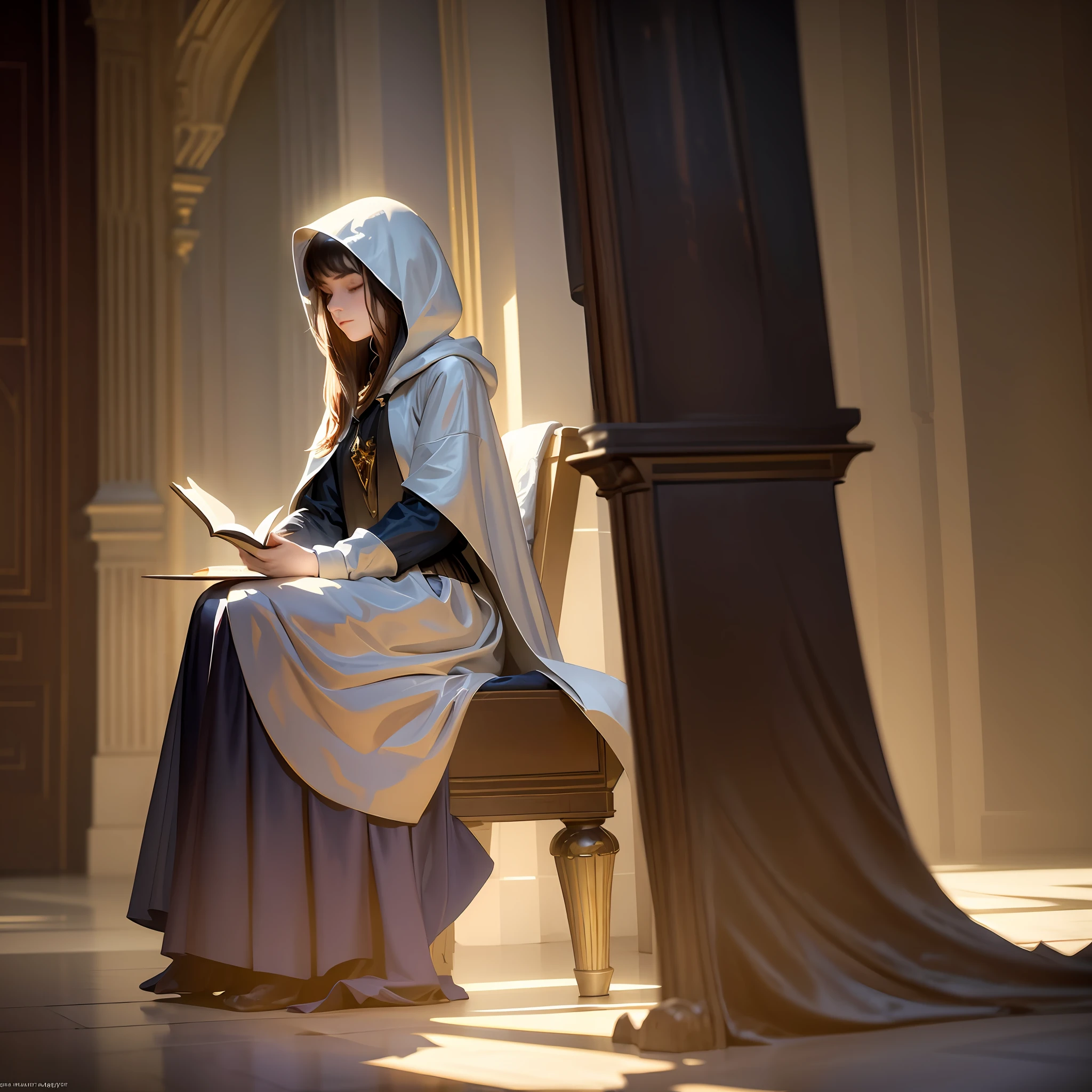 masterpiece, best quality, John Singer Sargent, young sorceress studying, hood up, moody lighting, tranquil, calm, glow, glowing, mystical, magical, rim lighting