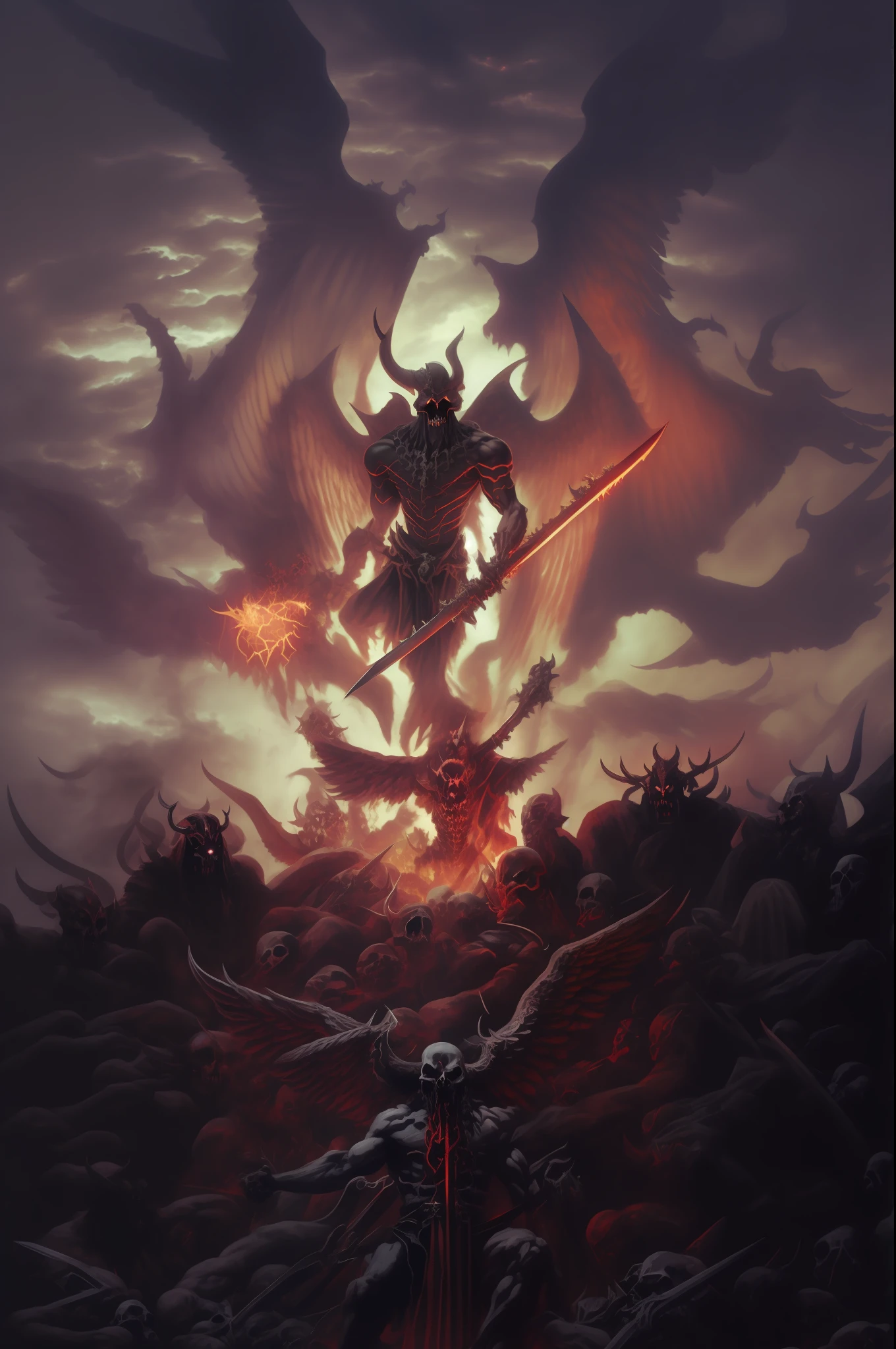 demonic demon with a sword and a huge demon on a pile of skulls, angel in hell, the angel of death, angel of death, satan in hell, infernal art in good quality, devil, the king of hell, demon, with hellish devil wings, king of hell, an ominous fantasy illustration, demon lord, ruler of inferno, demon soul concept art