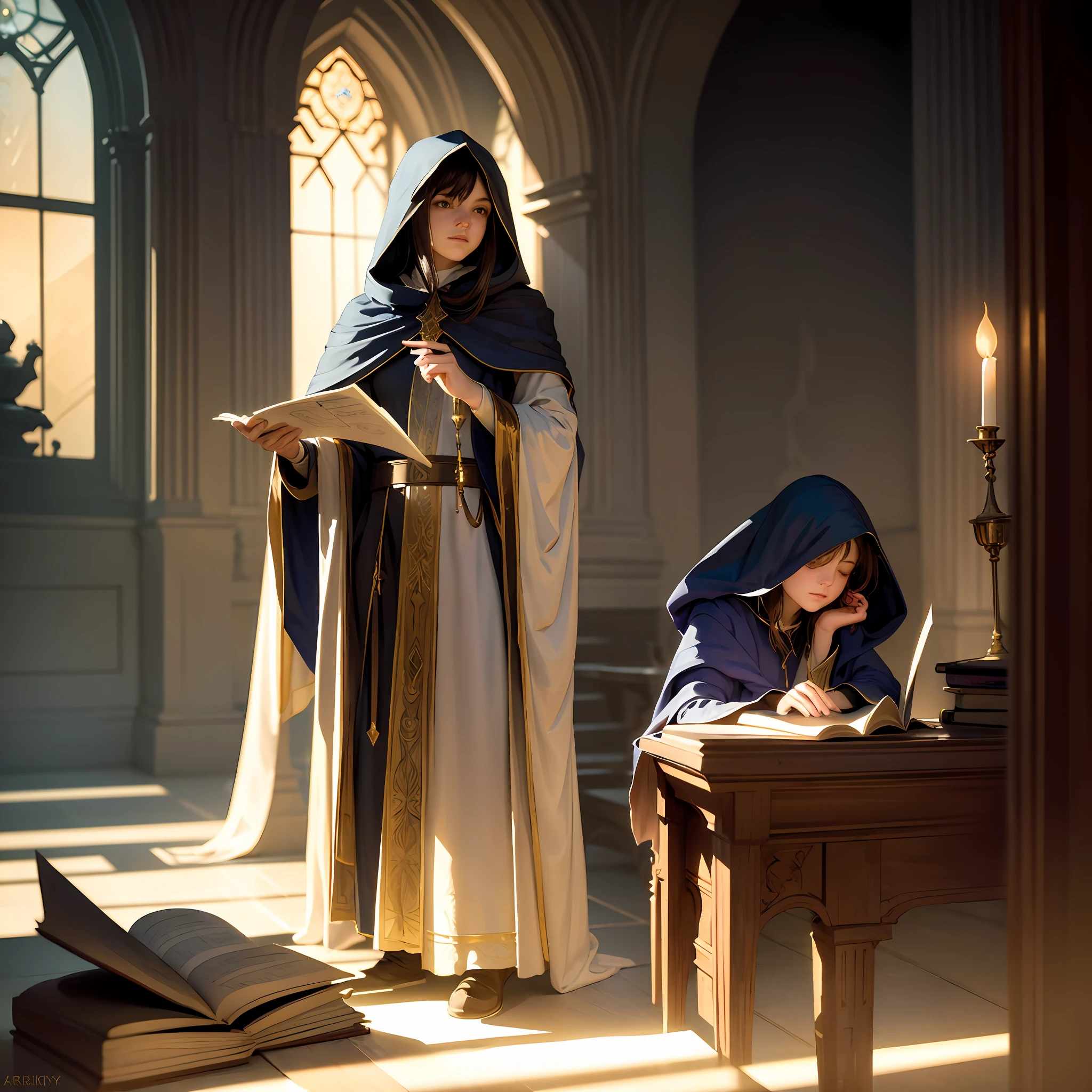 masterpiece, best quality, John Singer Sargent, young sorceress studying, hood up, moody lighting, tranquil, calm, glow, glowing, mystical, magical, rim lighting