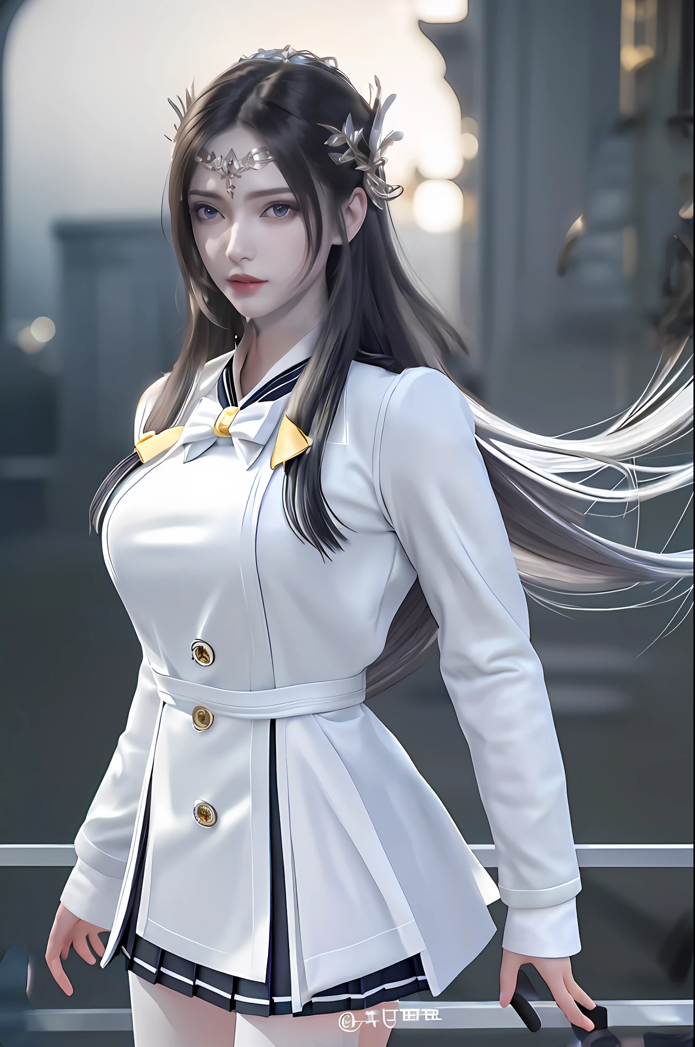 ((with half-white coat outside)), (sailor collar school uniform), shirt, pleated skirt, (black pantyhose), [:( facial detail: 1.2): 0.2], original photo, (masterpiece), (best quality) , high resolution, (realistic, realistic:1.2), ultra-detailed, physically rendered, 1girl, air bangs, long hair, (silver), wavy hair,
