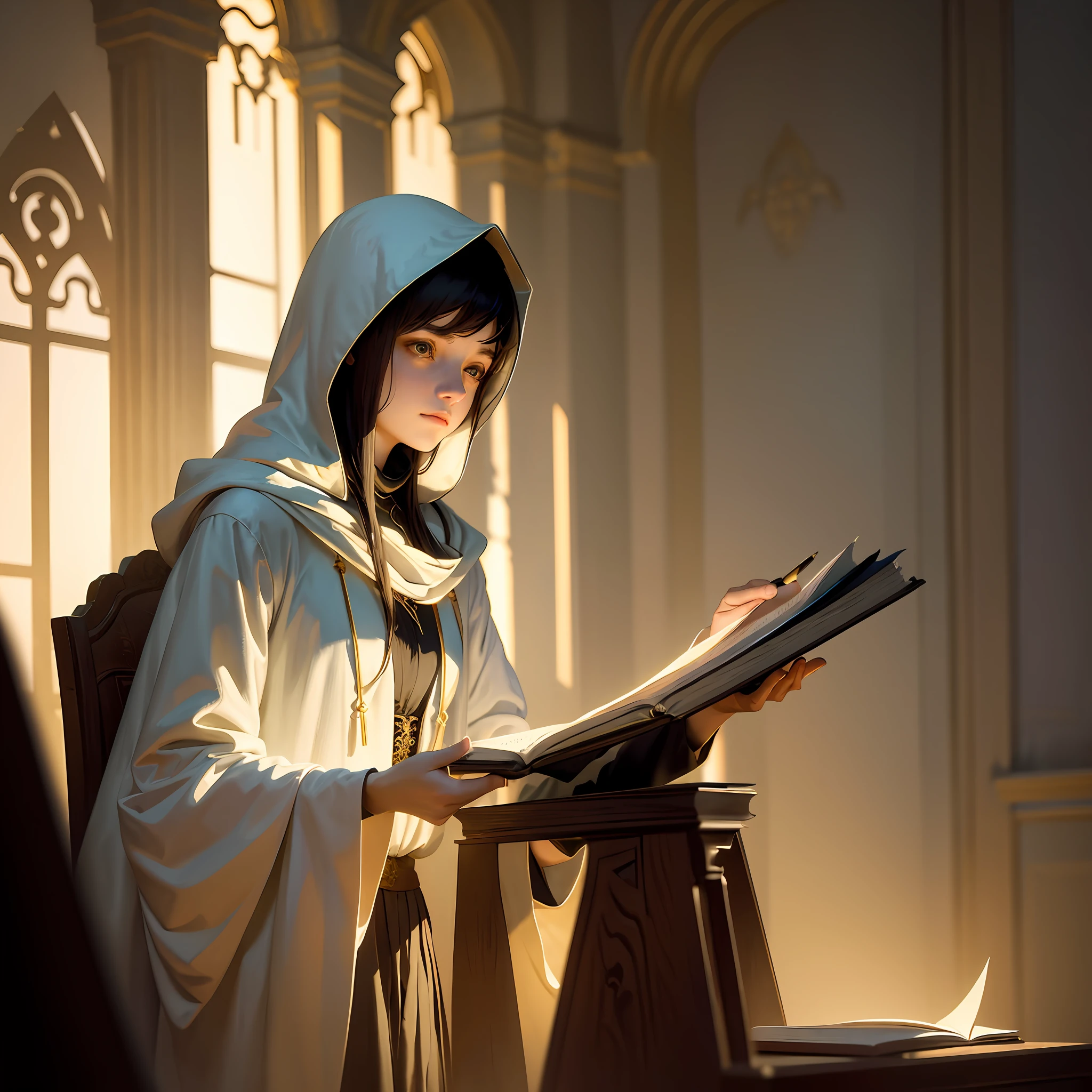 masterpiece, best quality, John Singer Sargent, young sorceress studying, hood up, moody lighting, tranquil, calm, glow, glowing, mystical, magical, rim lighting