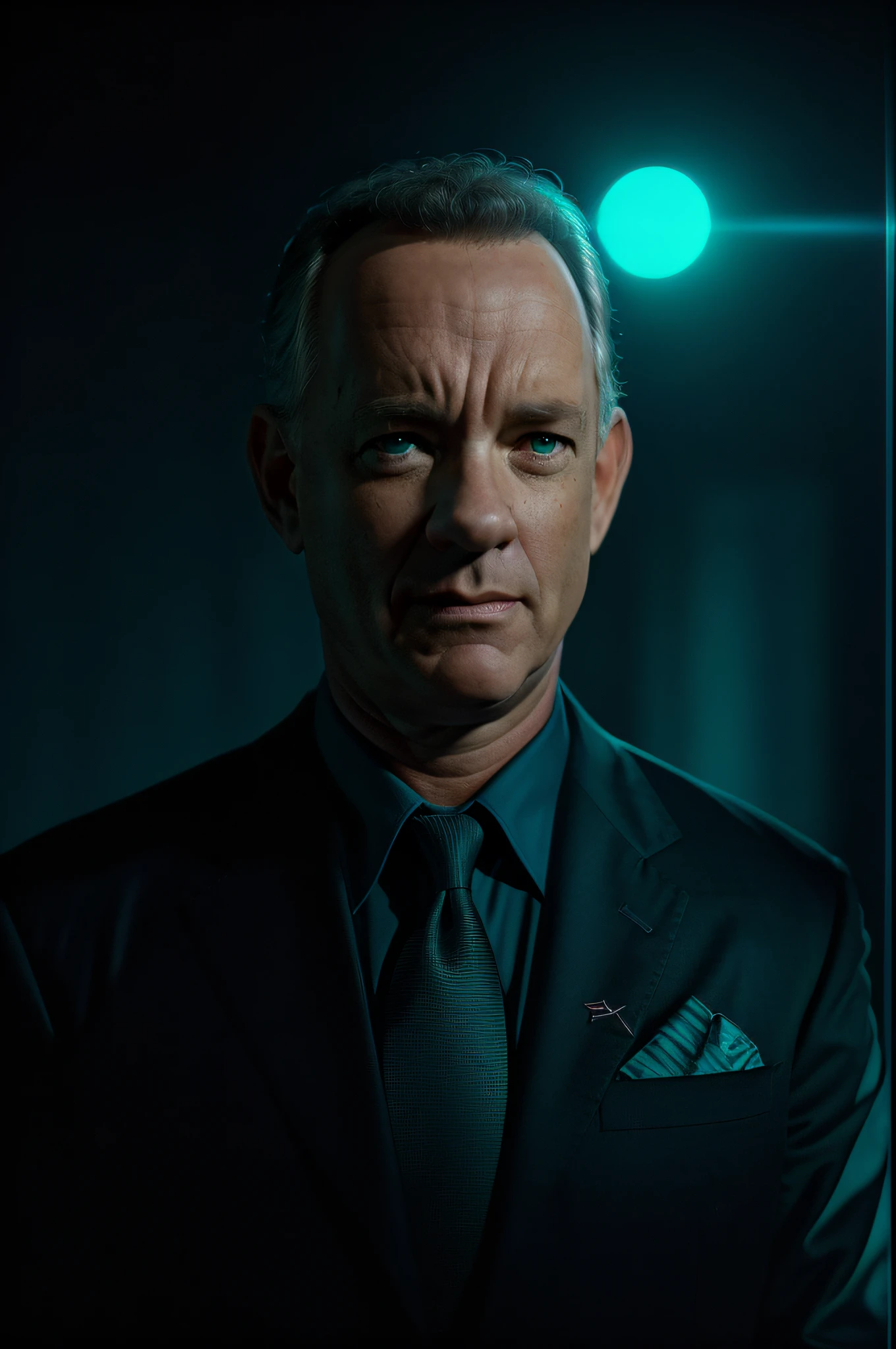 portrait of an award-winning photo of Tom hanks, posing in a dark studio, (rim lighting,: 1.4) two-tone lighting, sharp focus, teal hue, octane, unreal, dimly lit, low key,